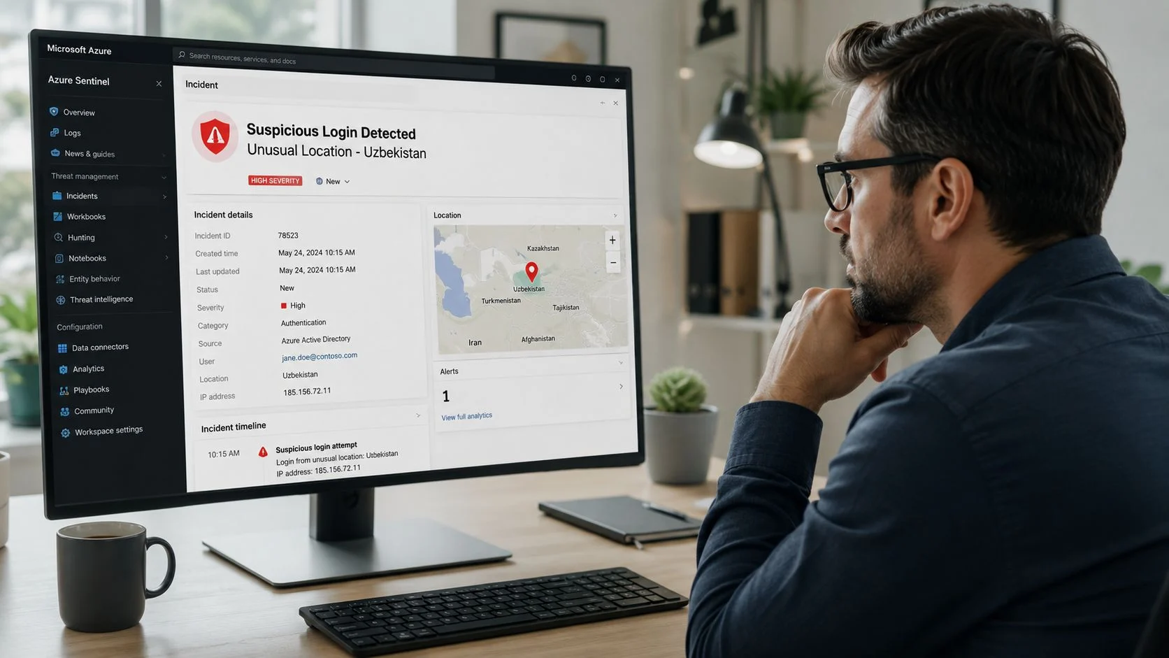 A professional analyzing a high severity suspicious login alert on a Microsoft Azure Sentinel dashboard.
