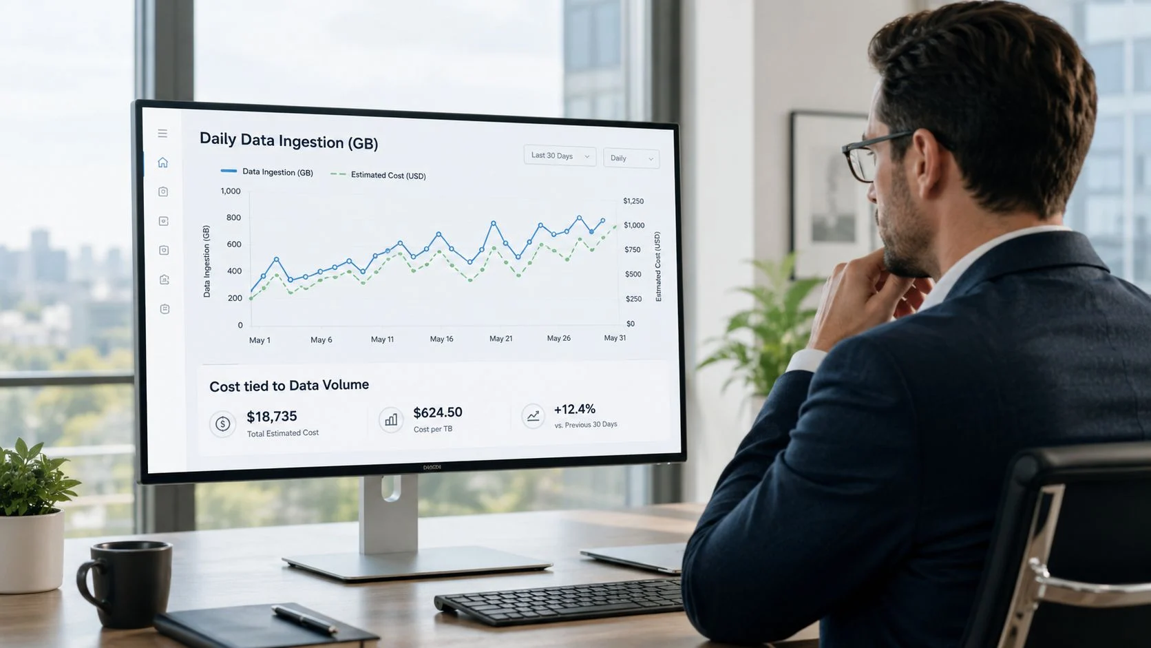A professional man sitting at a desk viewing a data analytics dashboard on a large computer monitor.