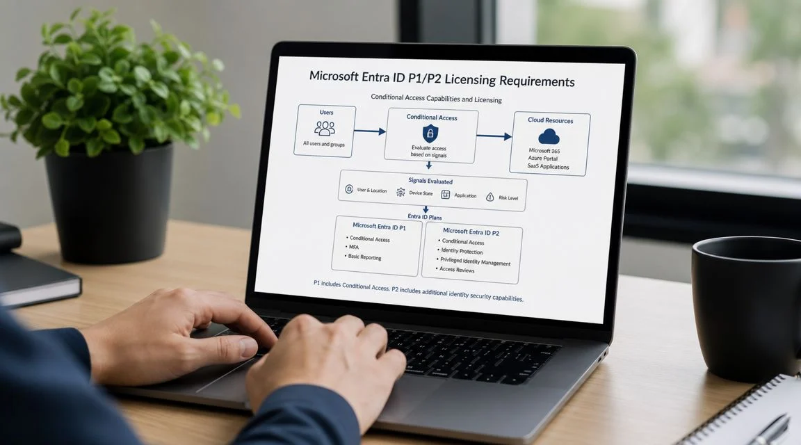 A person viewing a diagram on a laptop screen detailing Microsoft Entra ID P1 and P2 licensing requirements.