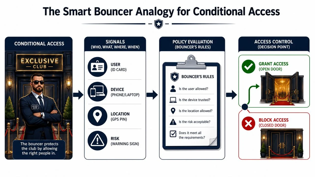 A diagram explaining conditional access using a nightclub bouncer analogy to illustrate user authentication and security rules.