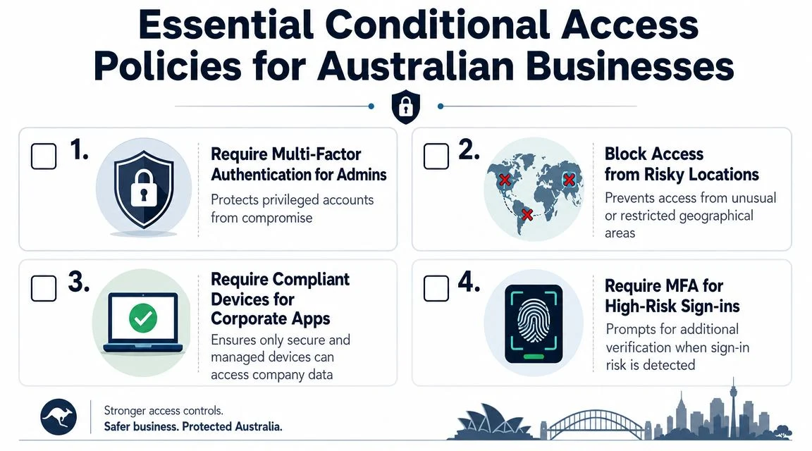 An infographic detailing four essential conditional access security policies for Australian businesses to protect digital data.