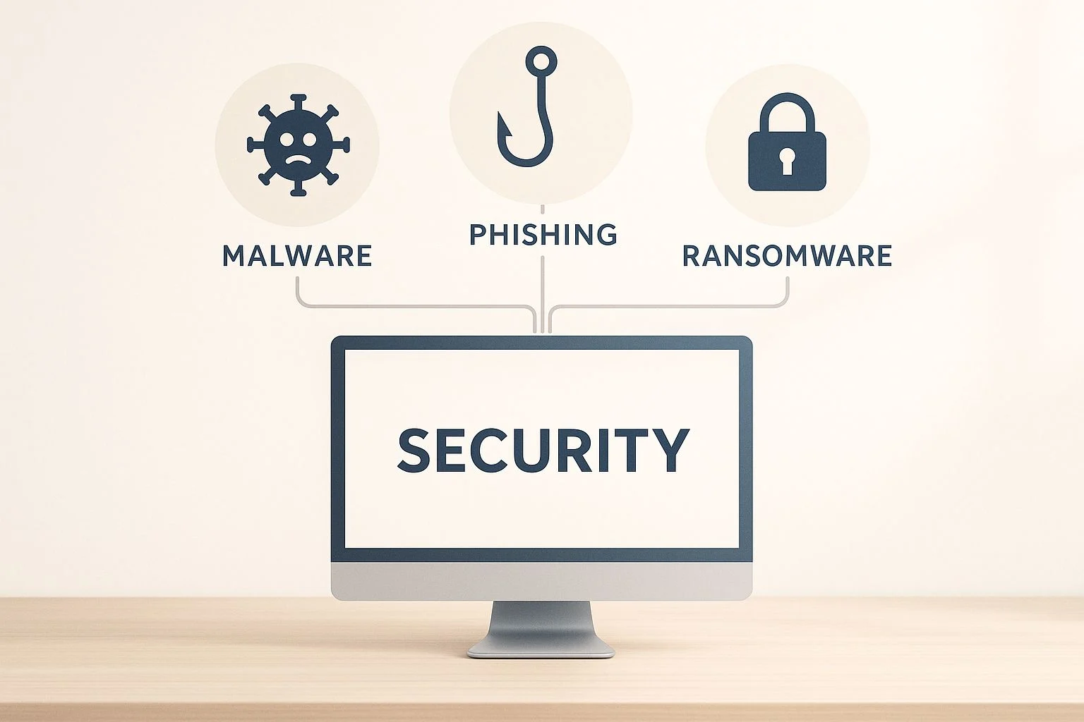 A computer monitor on a desk displays the word Security, with icons above it representing malware, phishing, and ransomware, highlighting cyber security threats.