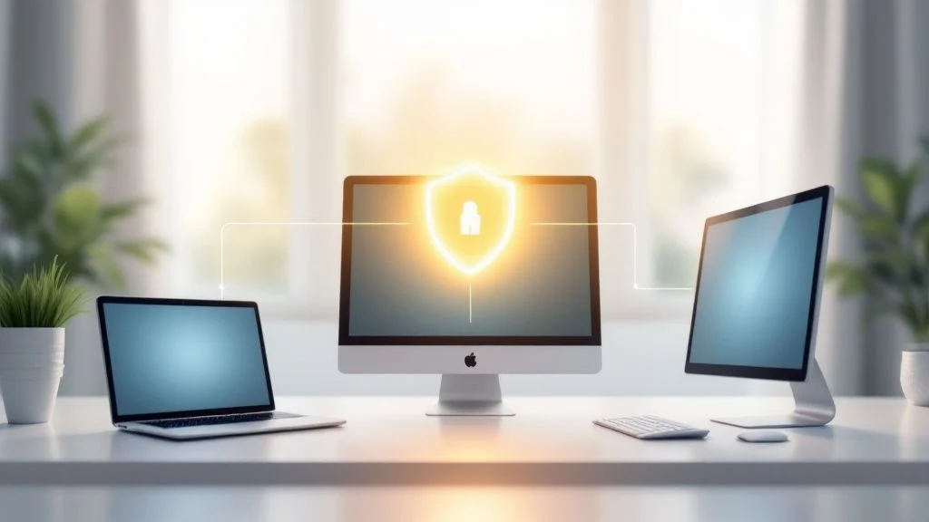 A laptop, desktop, and monitor are arranged on a white desk with a glowing shield and padlock icon above the desktop screen, symbolising cybersecurity. The background is bright with sunlight and blurred windows.