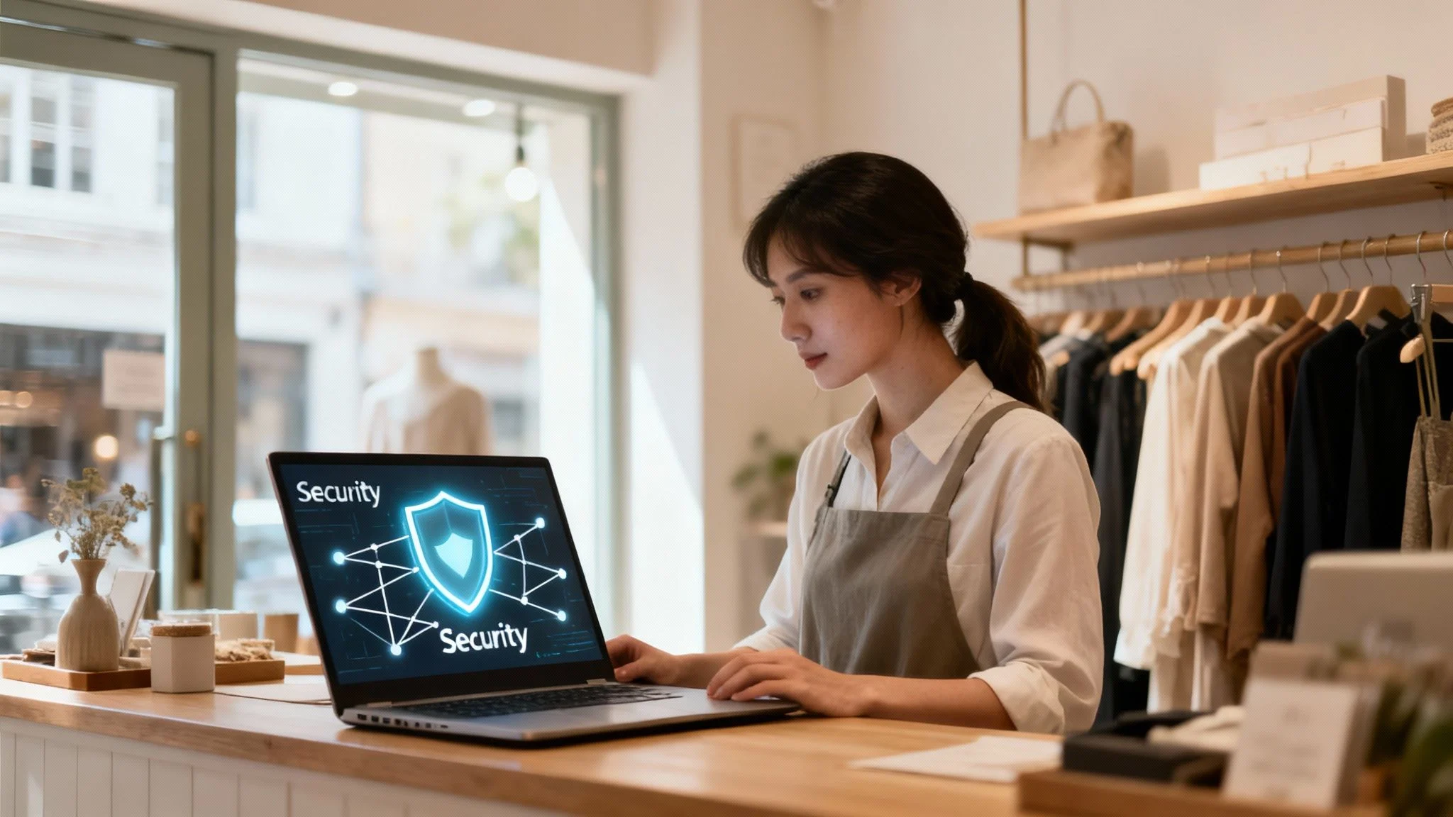 A young woman in an apron works on a laptop showing a digital security shield in a retail store.