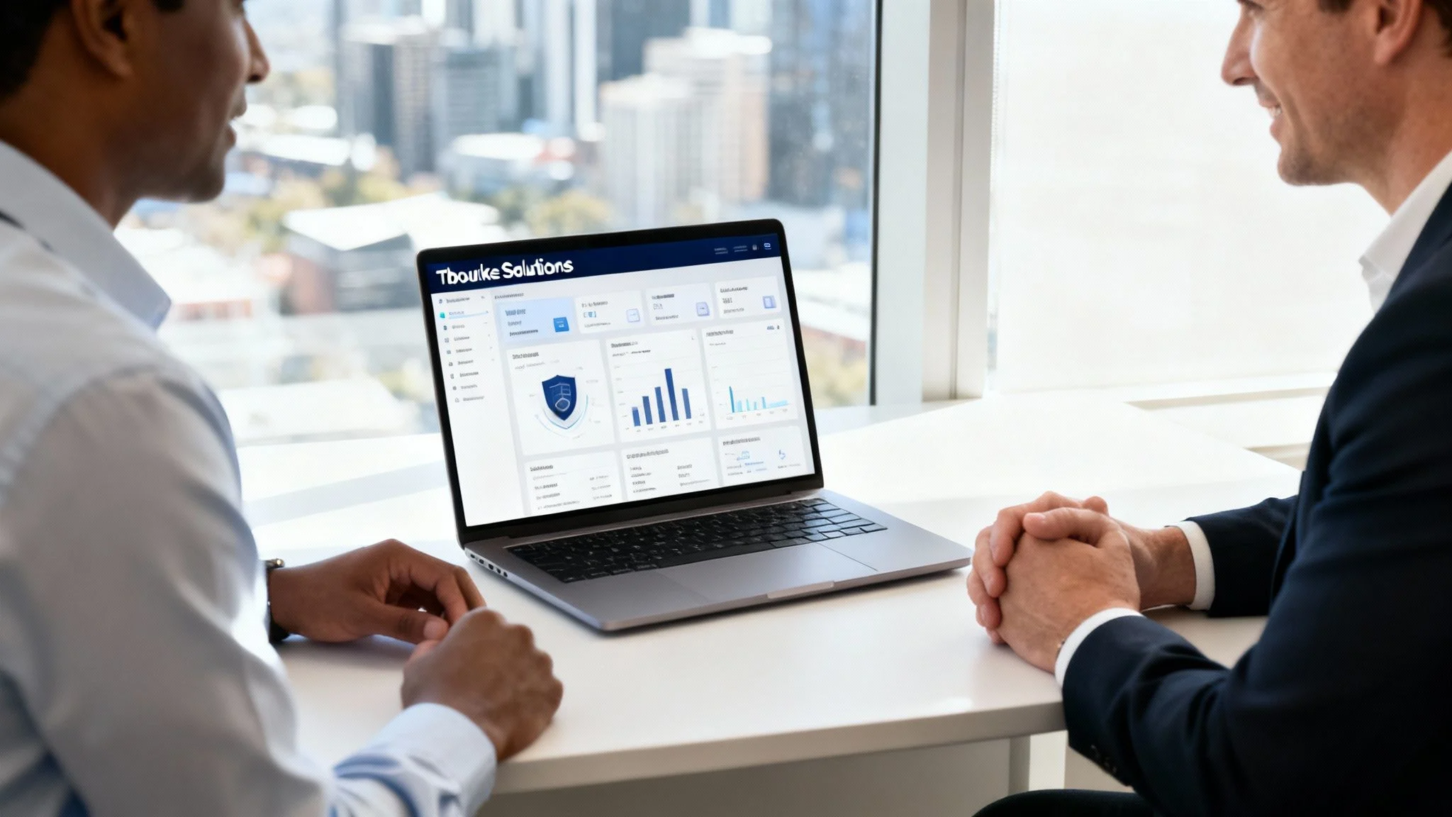 Two businessmen reviewing a Tbourke Solutions dashboard for managed security services on a laptop.