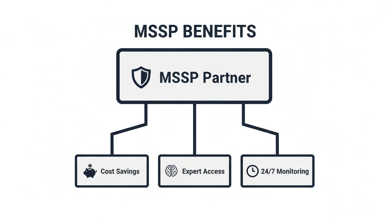 A diagram illustrating the benefits of an MSSP Partner, including cost savings, expert access, and 24/7 monitoring.