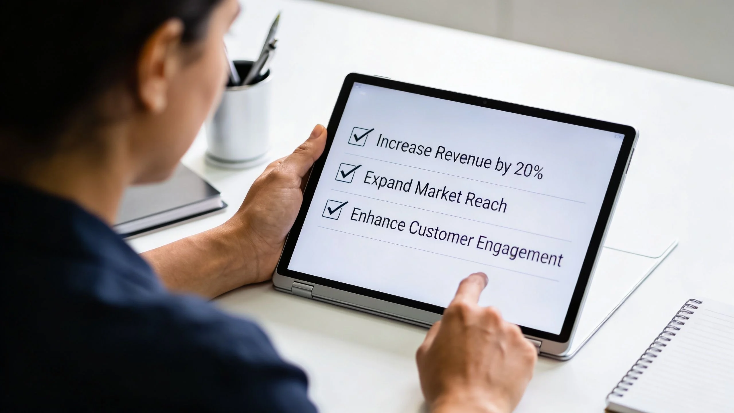 A professional checking off business goals on a digital tablet screen while working at a desk.