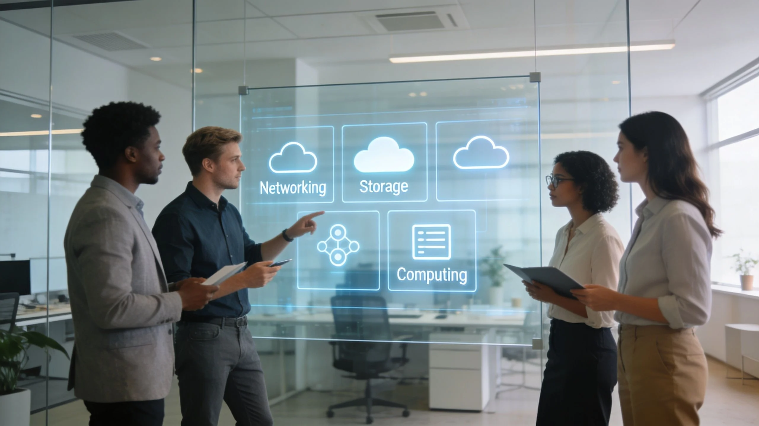 A diverse team of professionals collaboratively discussing cloud computing and storage technologies in a modern office.