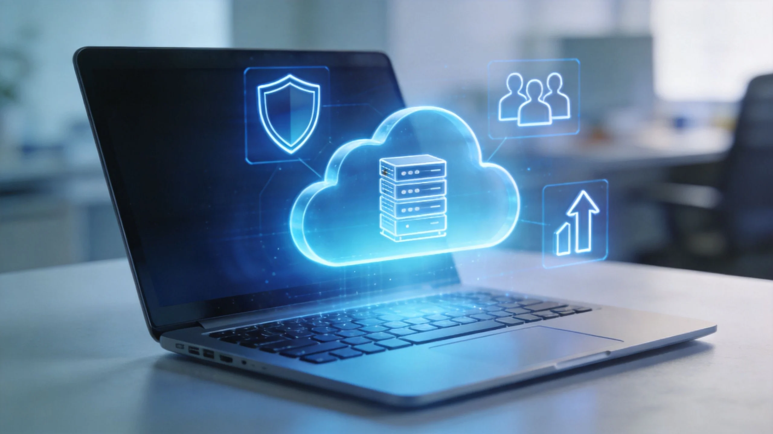 A laptop displaying glowing digital icons, including a cloud server, shield, user profiles, and an upward arrow, symbolising cloud computing, data security, online collaboration, and growth.