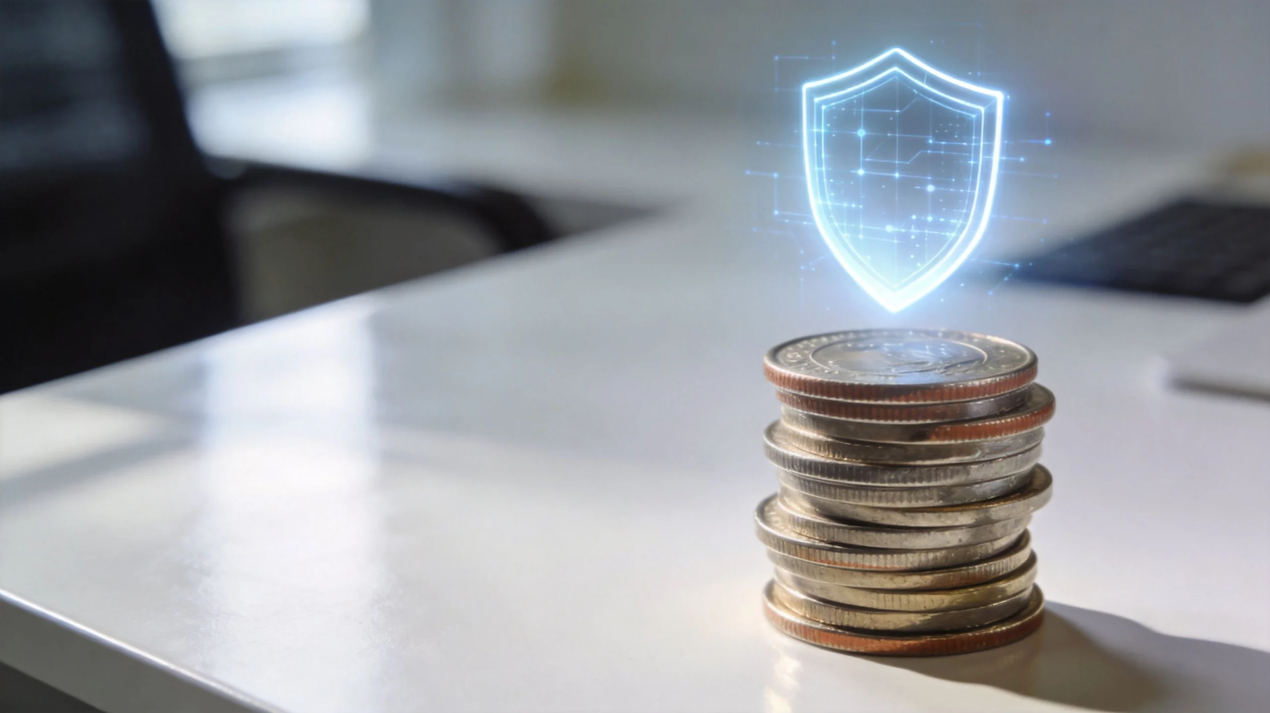 A stack of silver coins with a glowing digital security shield icon floating above them on a desk.