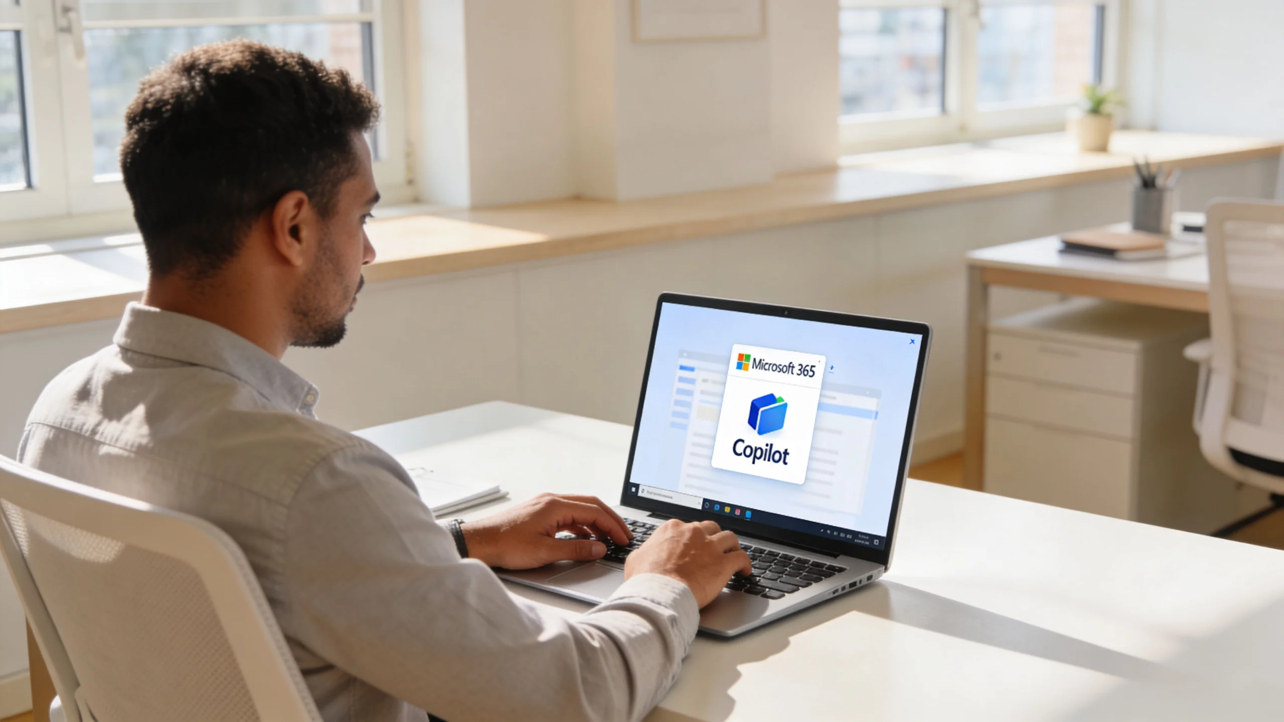 A professional man sitting at a desk and using a laptop displaying the Microsoft 365 Copilot logo.