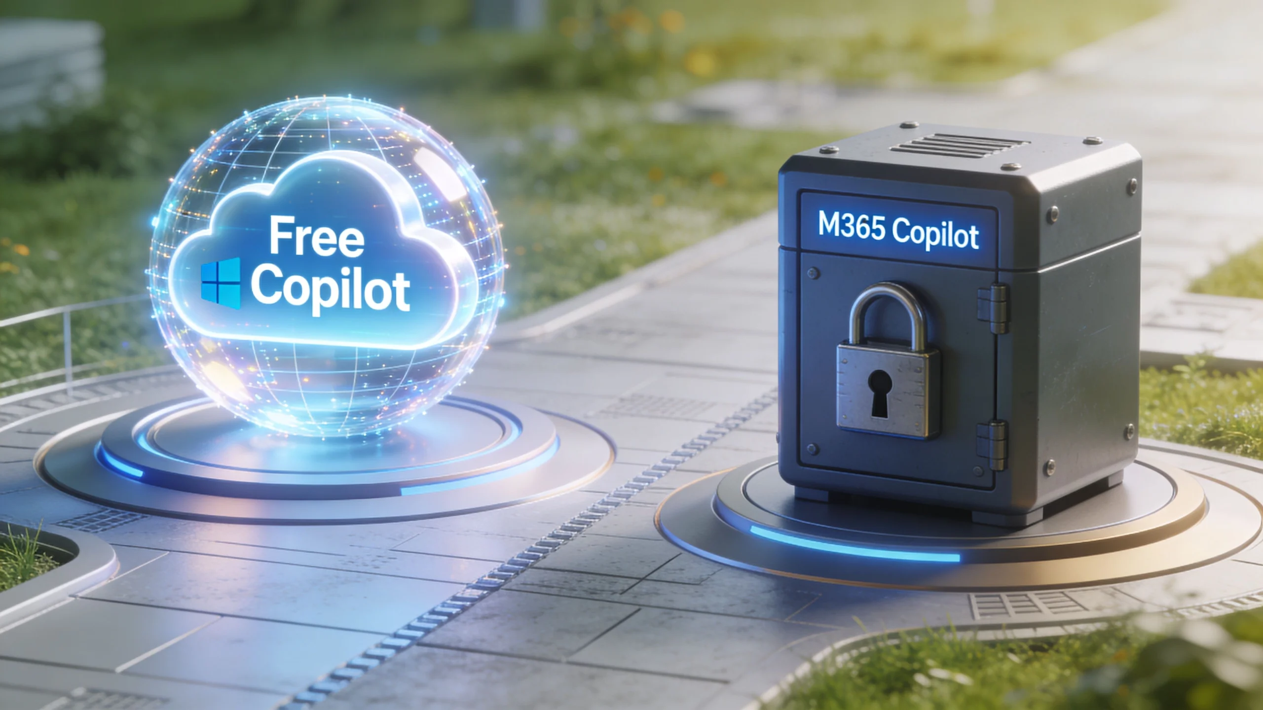 A digital graphic contrasting a glowing Free Copilot cloud sphere with a secure M365 Copilot metal safe.