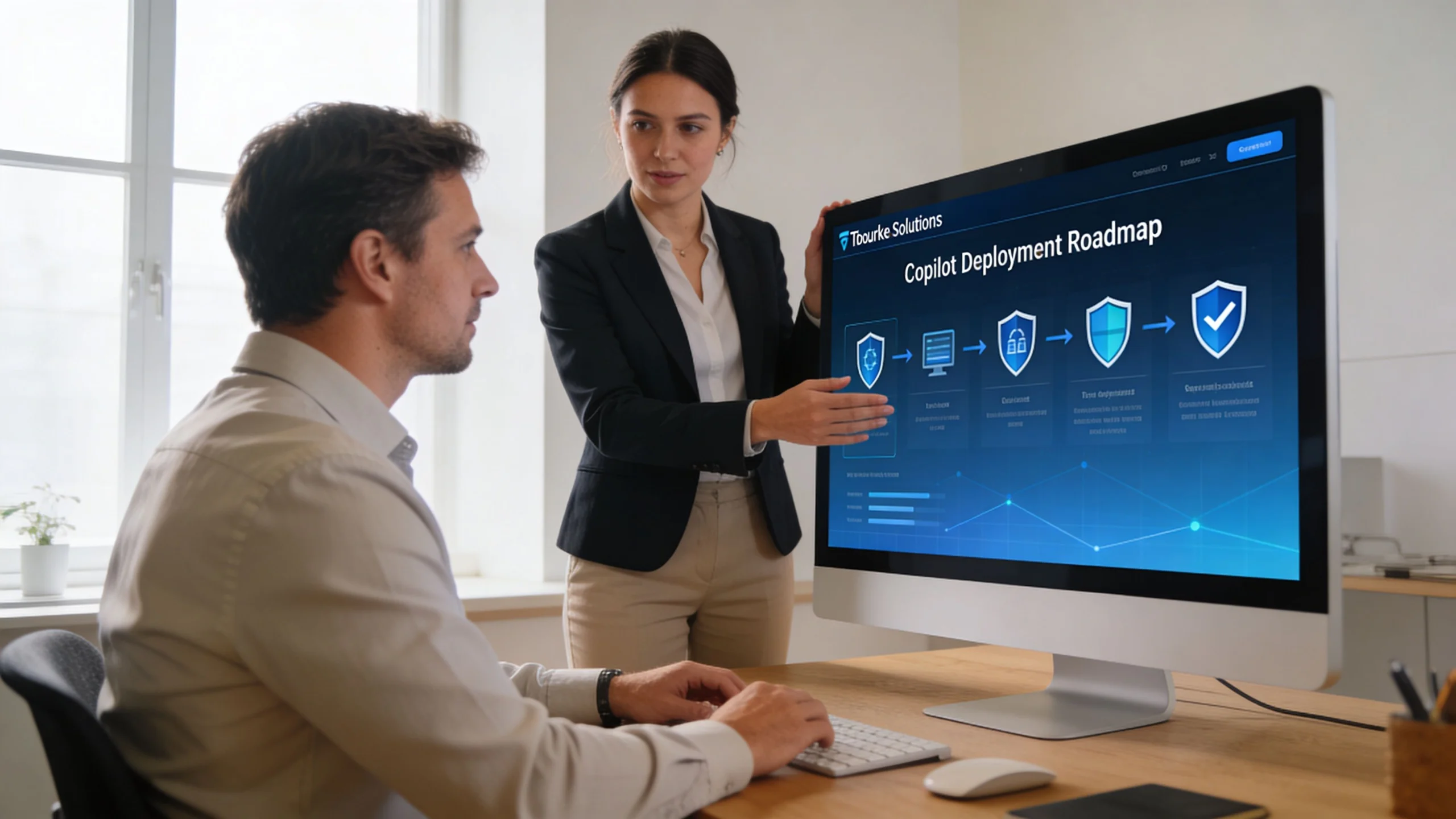 A professional woman explaining a Copilot deployment roadmap chart to a colleague on a computer screen.