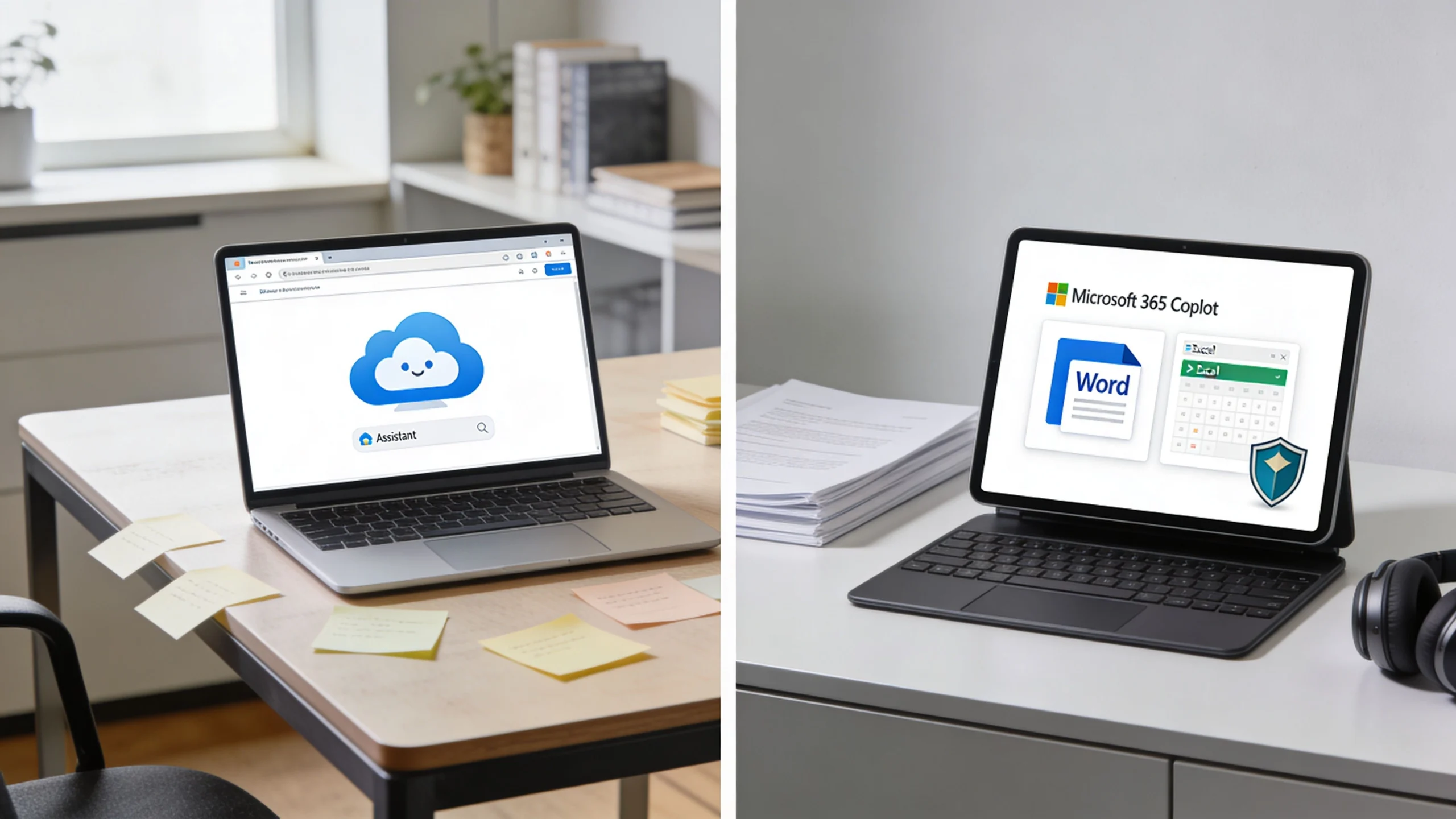 Split image of two laptops on desks: left shows a laptop with a cloud assistant logo on-screen in a bright office; right shows a laptop with Microsoft Word, Excel, and Copilot logos on-screen in a modern workspace.