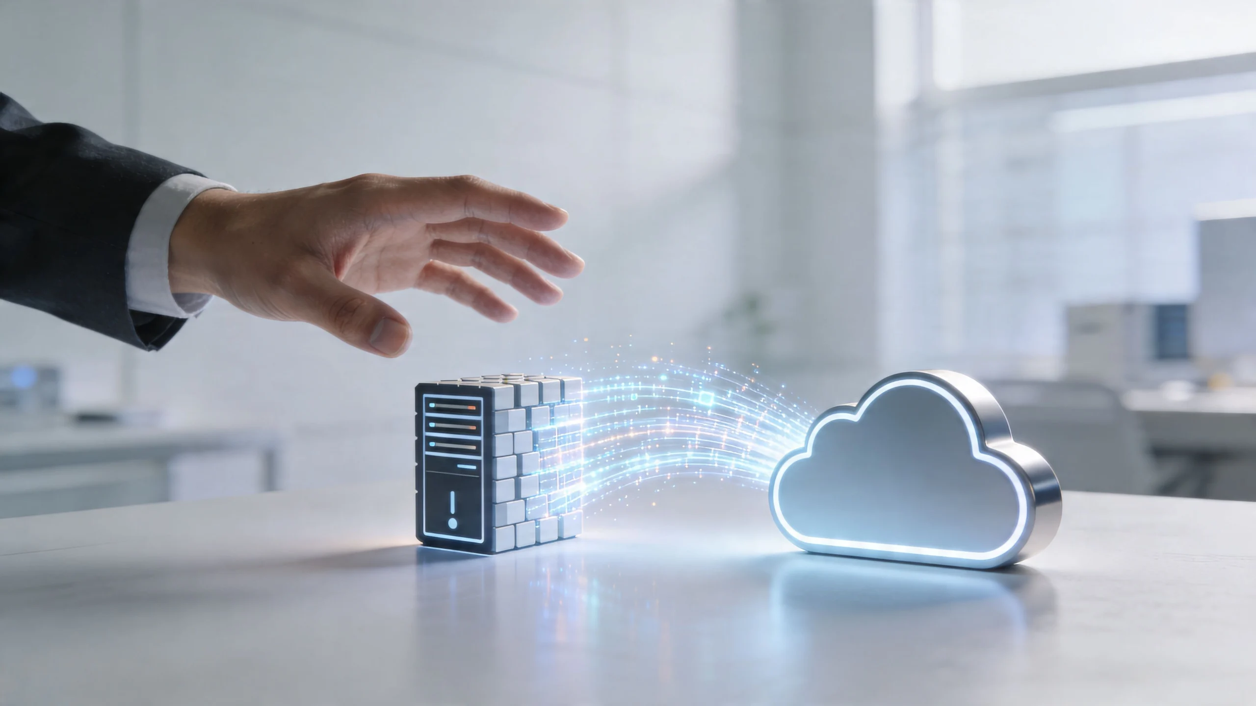 A business professional's hand reaching toward a server icon connecting to a digital cloud computing symbol.
