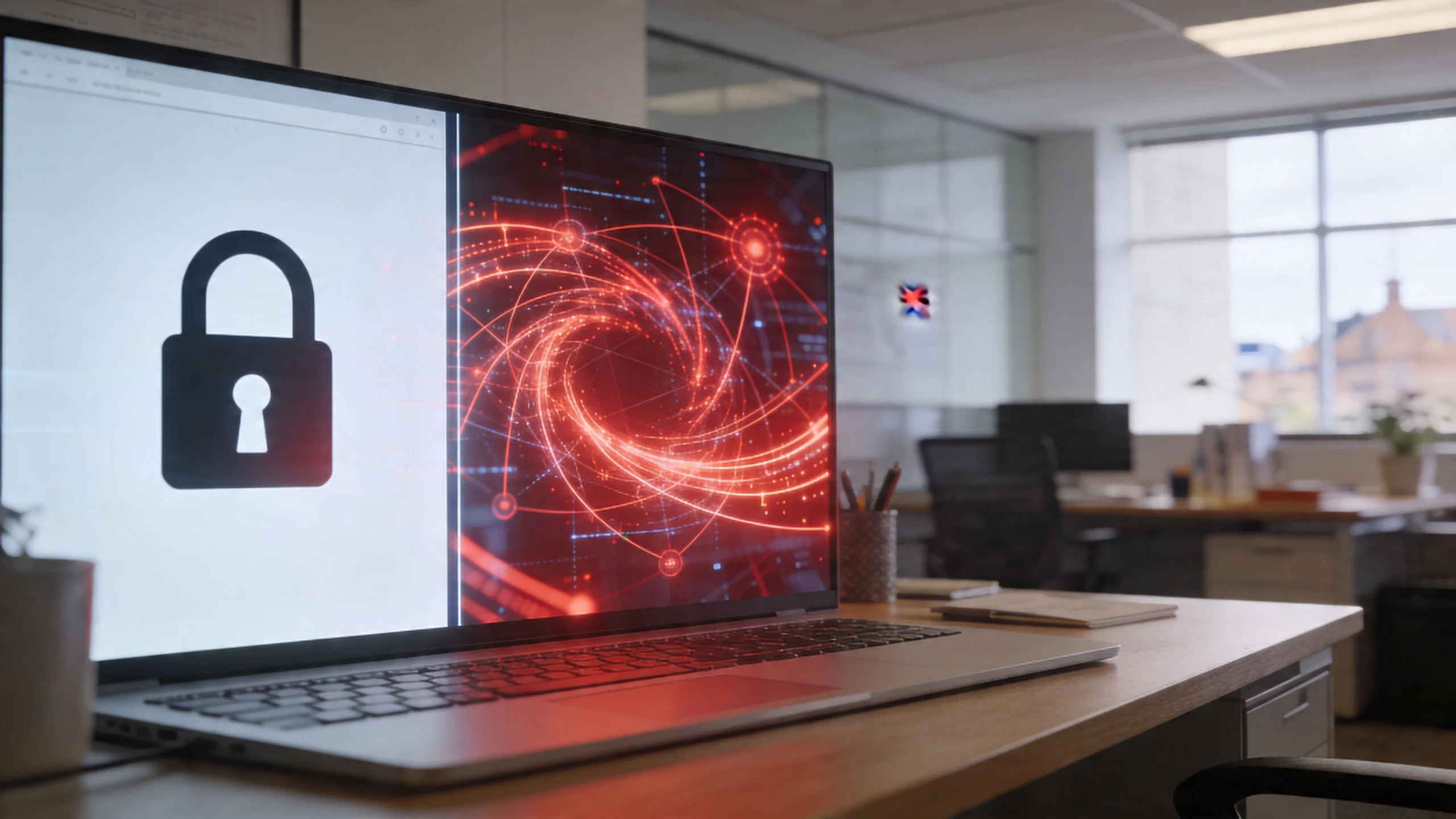 A laptop screen displaying a padlock icon on the left and a glowing abstract network on the right.