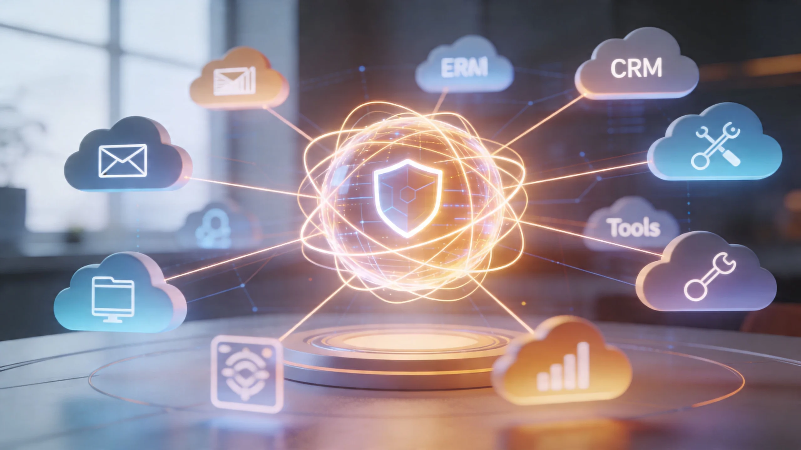 A digital representation of Microsoft Entra ID illustrating a central security shield connected to various cloud services.