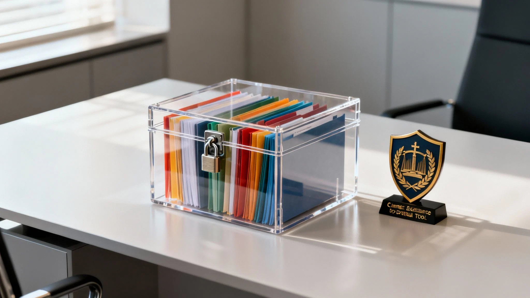 A transparent locked box filled with colourful file folders sits on a modern white office desk next to a gold and black award plaque.