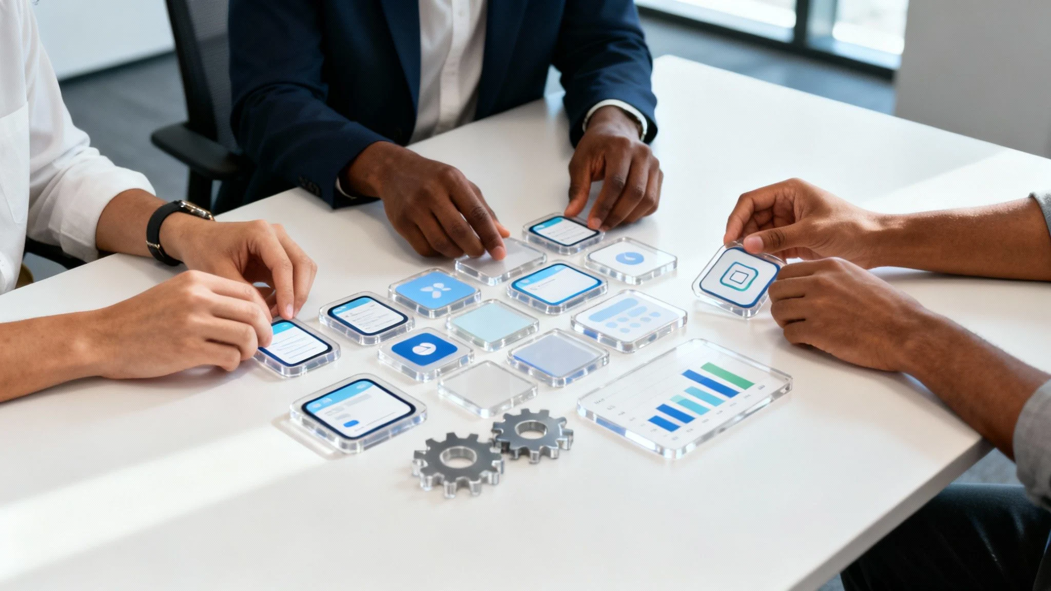 Four people at a table collaborate, arranging transparent digital interface tiles and gears, with graphs and icons, symbolising teamwork and technology in a modern office setting.