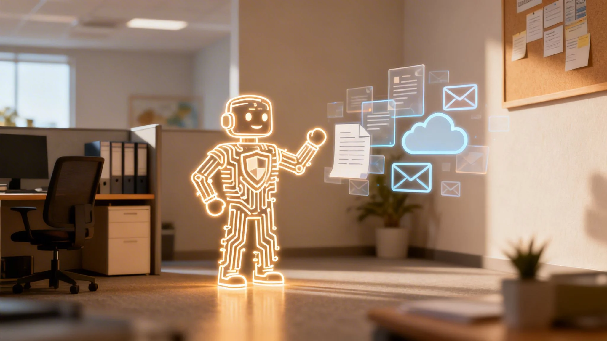 A glowing circuit-patterned robot with a shield shows holographic data, emails, and a cloud in an office.