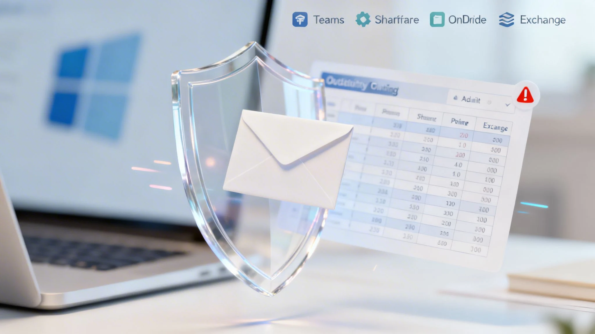 A transparent shield protecting an email envelope, with a spreadsheet and Microsoft service icons, symbolizing data security.