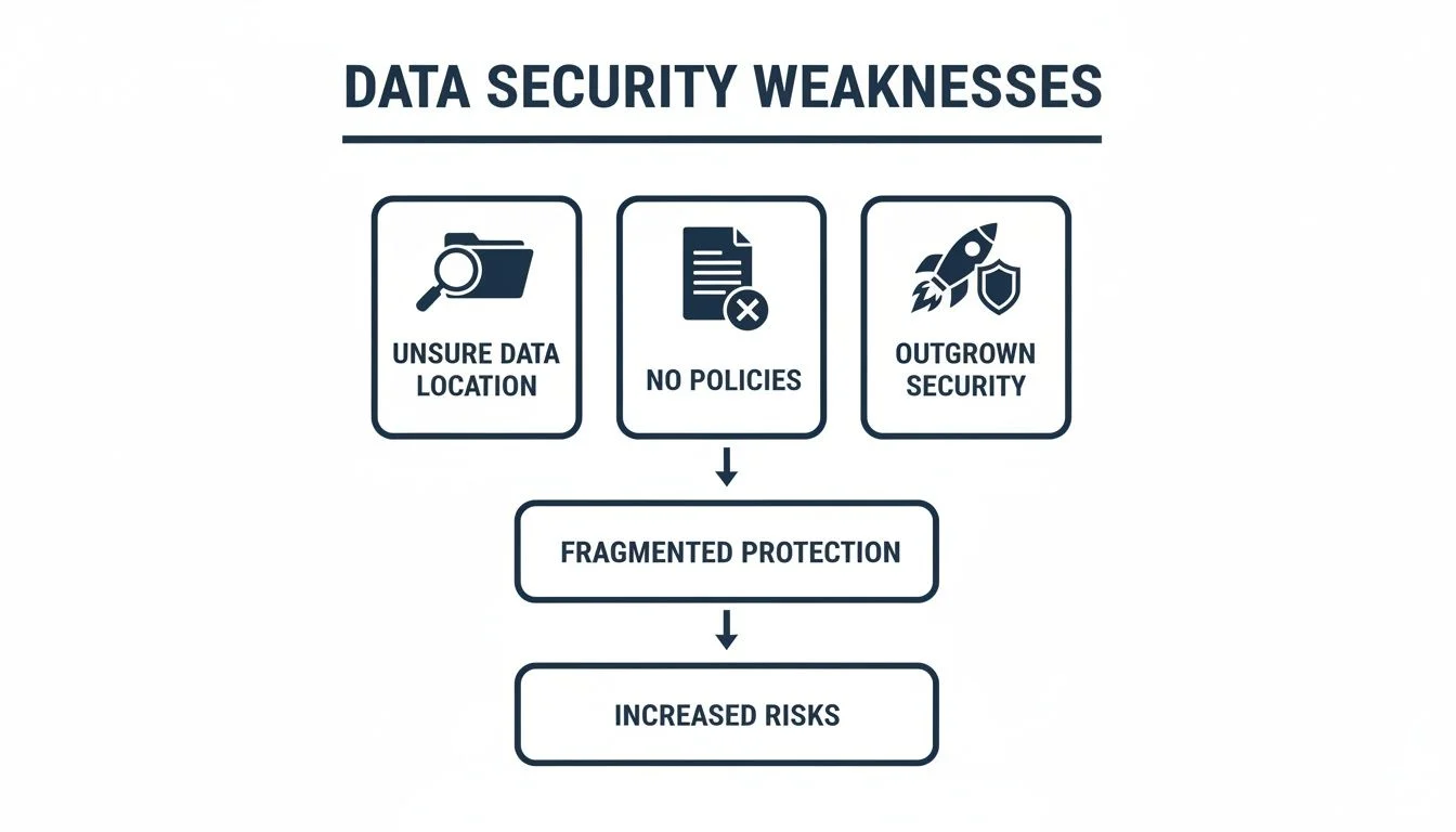 Flowchart illustrating data security weaknesses: unsure location, no policies, and outgrown security leading to increased risks.