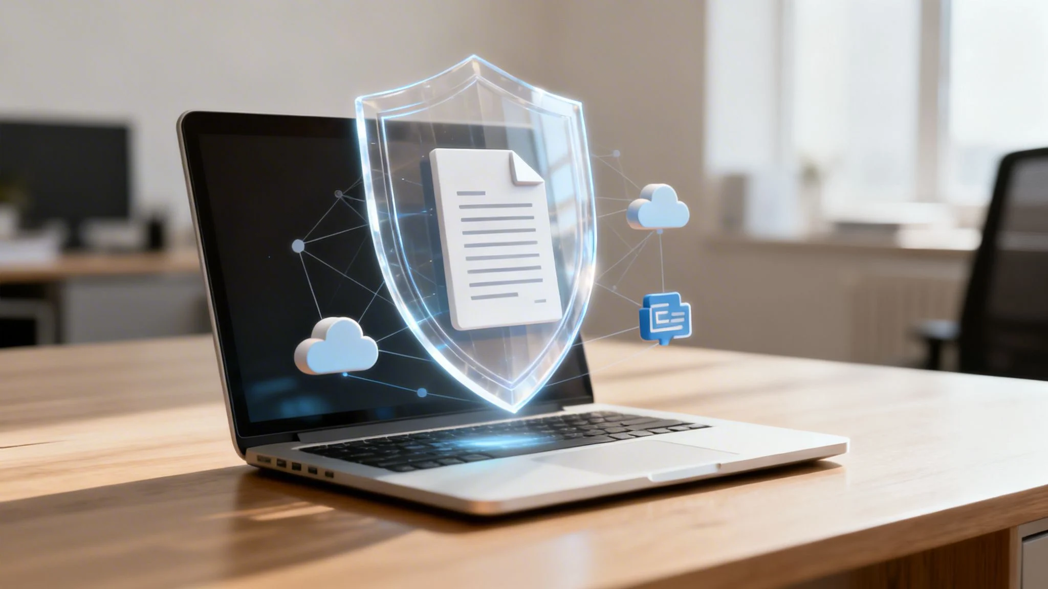 A laptop on a desk displays a glowing shield icon with a document symbol, surrounded by cloud icons, representing data security and cloud storage.