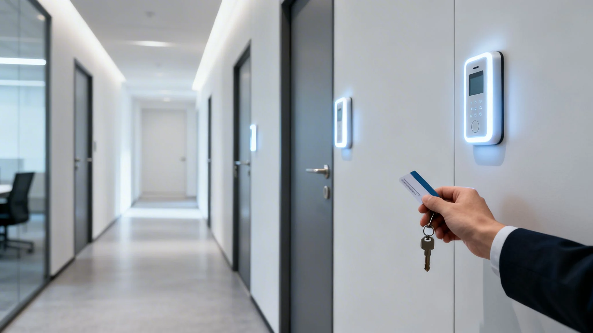 Hand holding a key card and metal key next to a digital access control panel.
