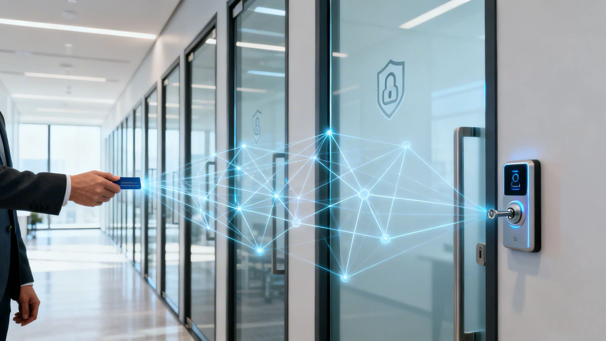 A person holds a key card near a digital access control panel on a glass office door, with blue digital lines illustrating secure wireless data transfer.