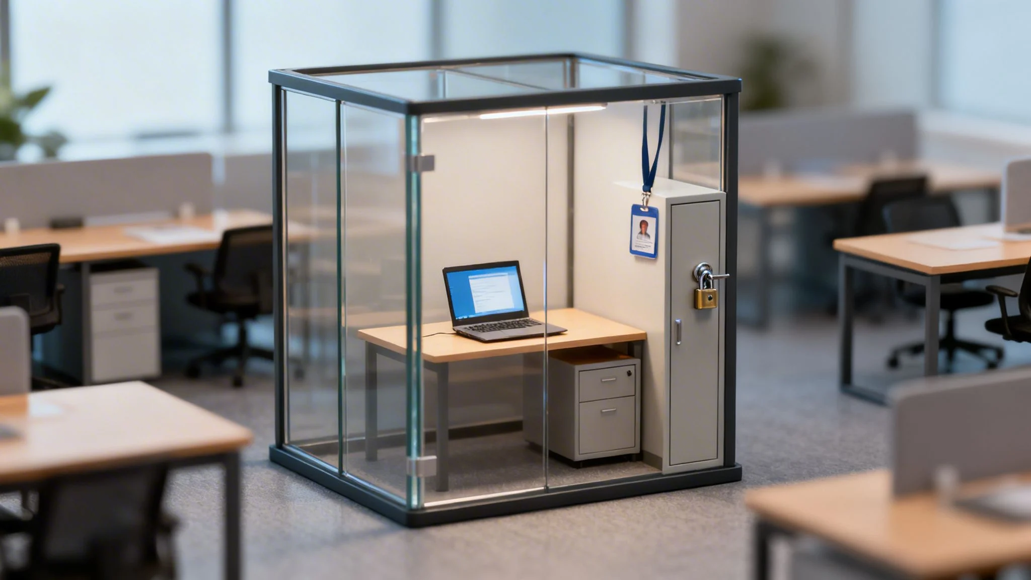 Miniature glass-enclosed office cubicle with a laptop, desk, and locked cabinet, in a blurred open-plan office.