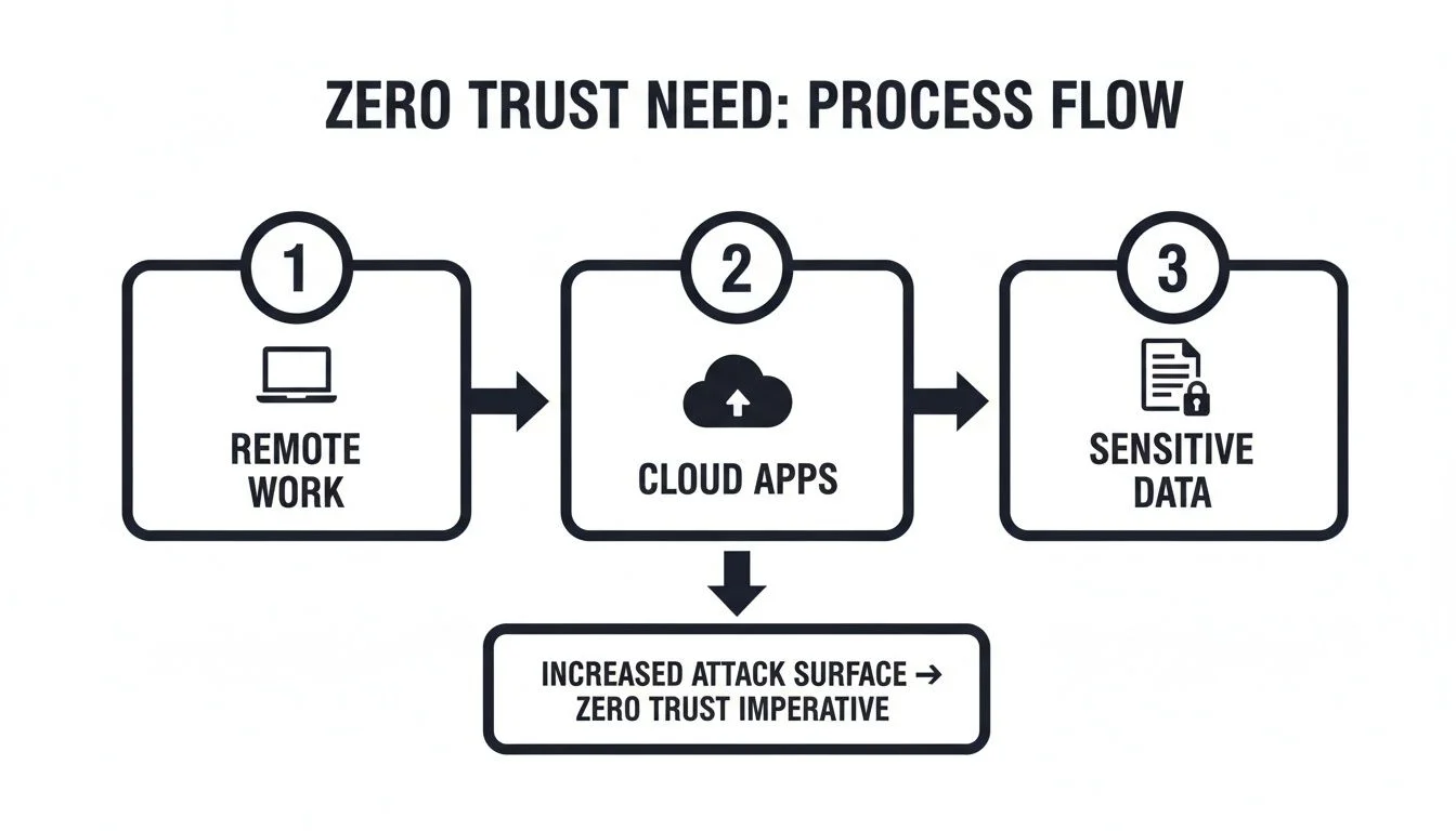 Process flow illustrating the need for Zero Trust due to remote work, cloud apps, and sensitive data increasing attack surface.