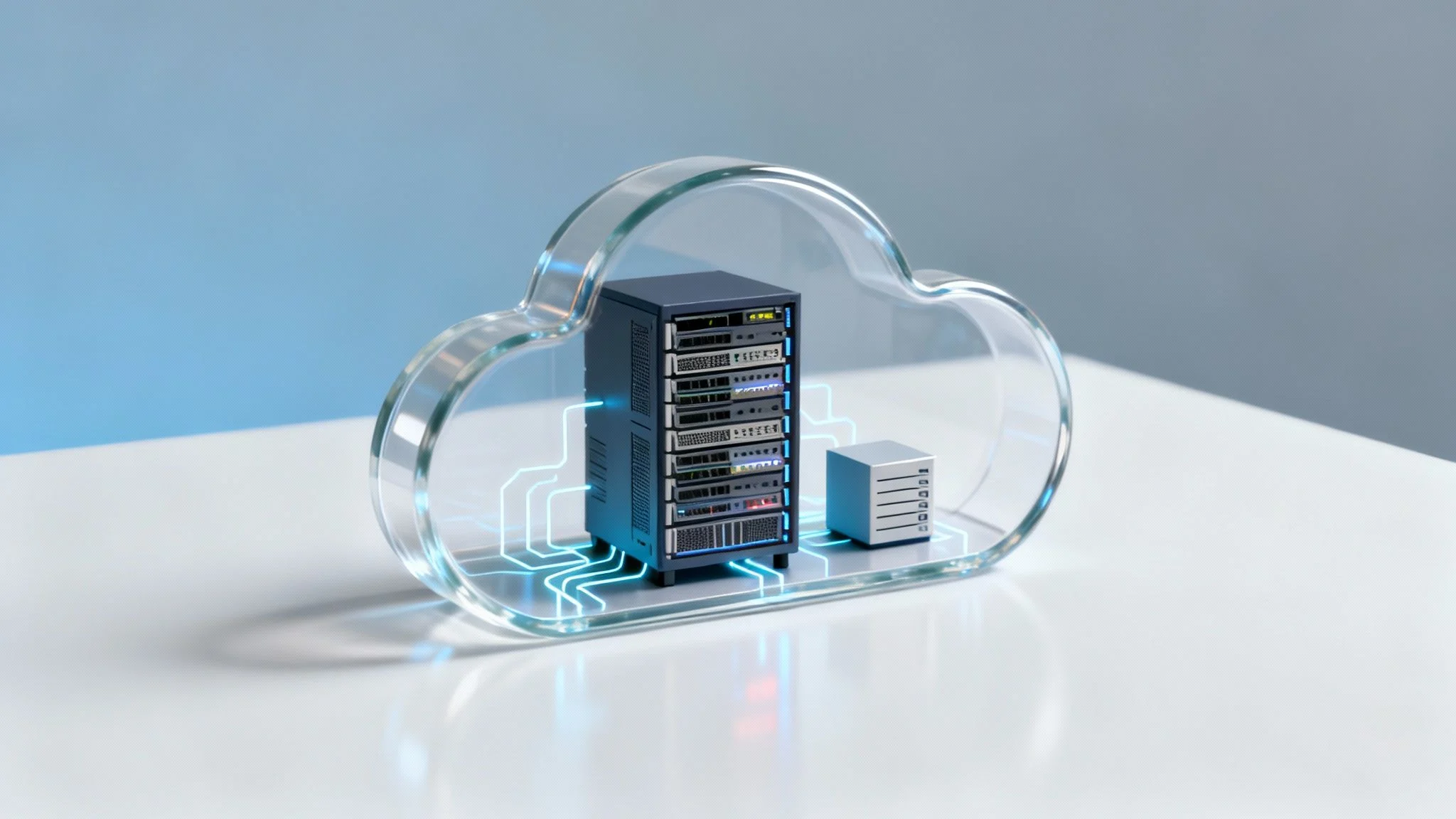 A glass cloud-shaped frame encloses server racks and data storage units, symbolising cloud computing and digital data storage, set on a white surface with a blue background.