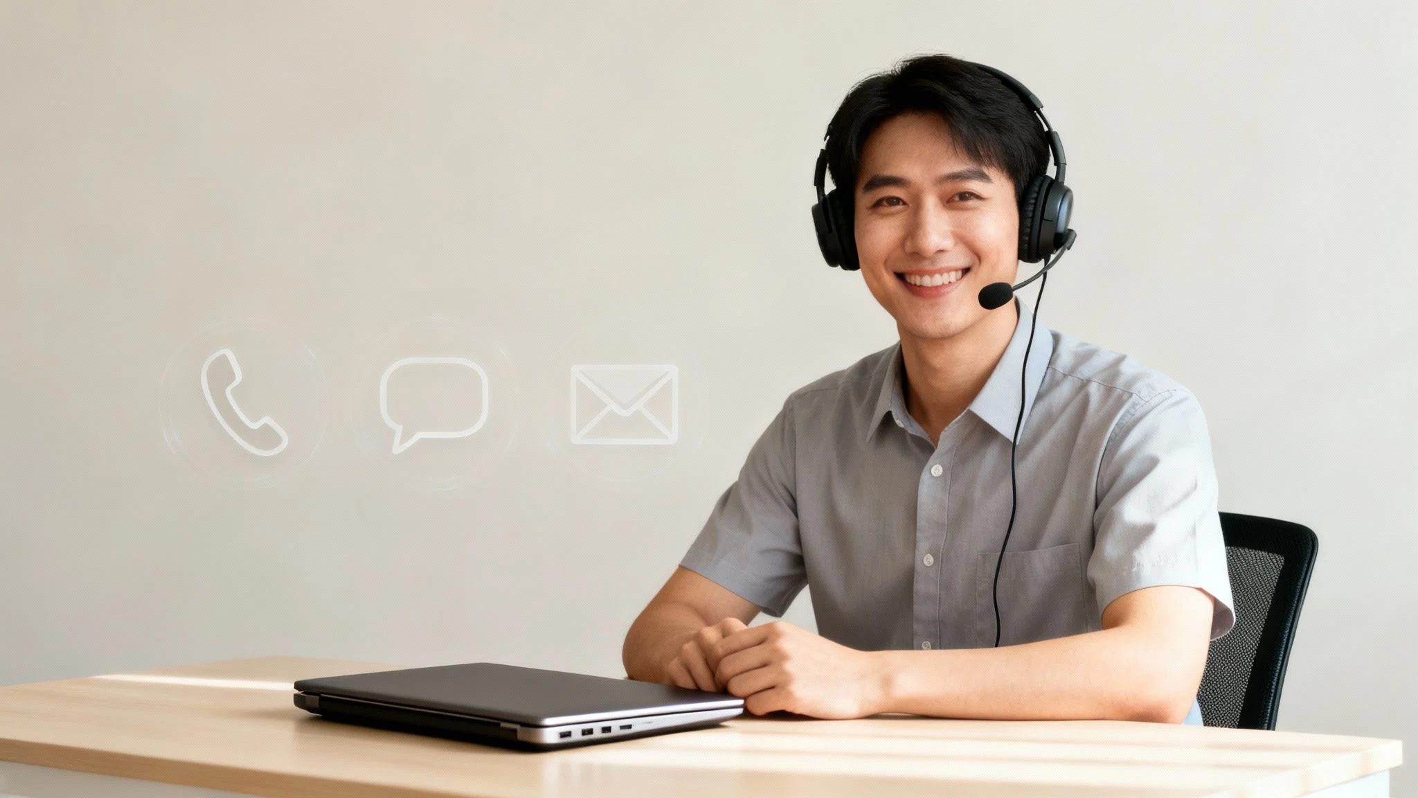 A smiling man wearing a headset sits at a desk with a closed laptop, ready for a call. Communication icons for phone, chat, and email are overlaid beside him, suggesting customer support or remote work.