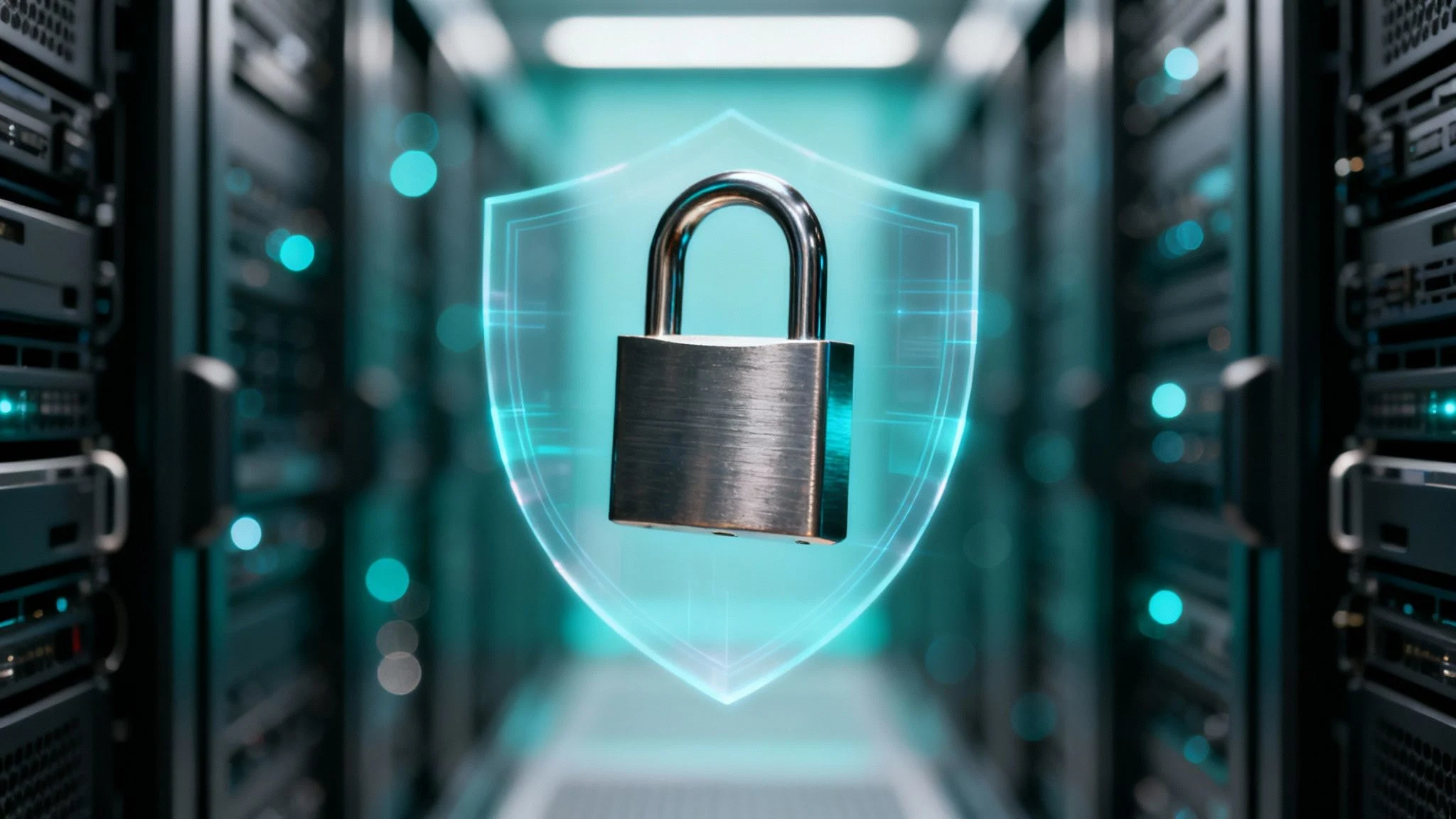 A metallic padlock floats in front of a glowing shield icon in a server room, symbolising cybersecurity and data protection.