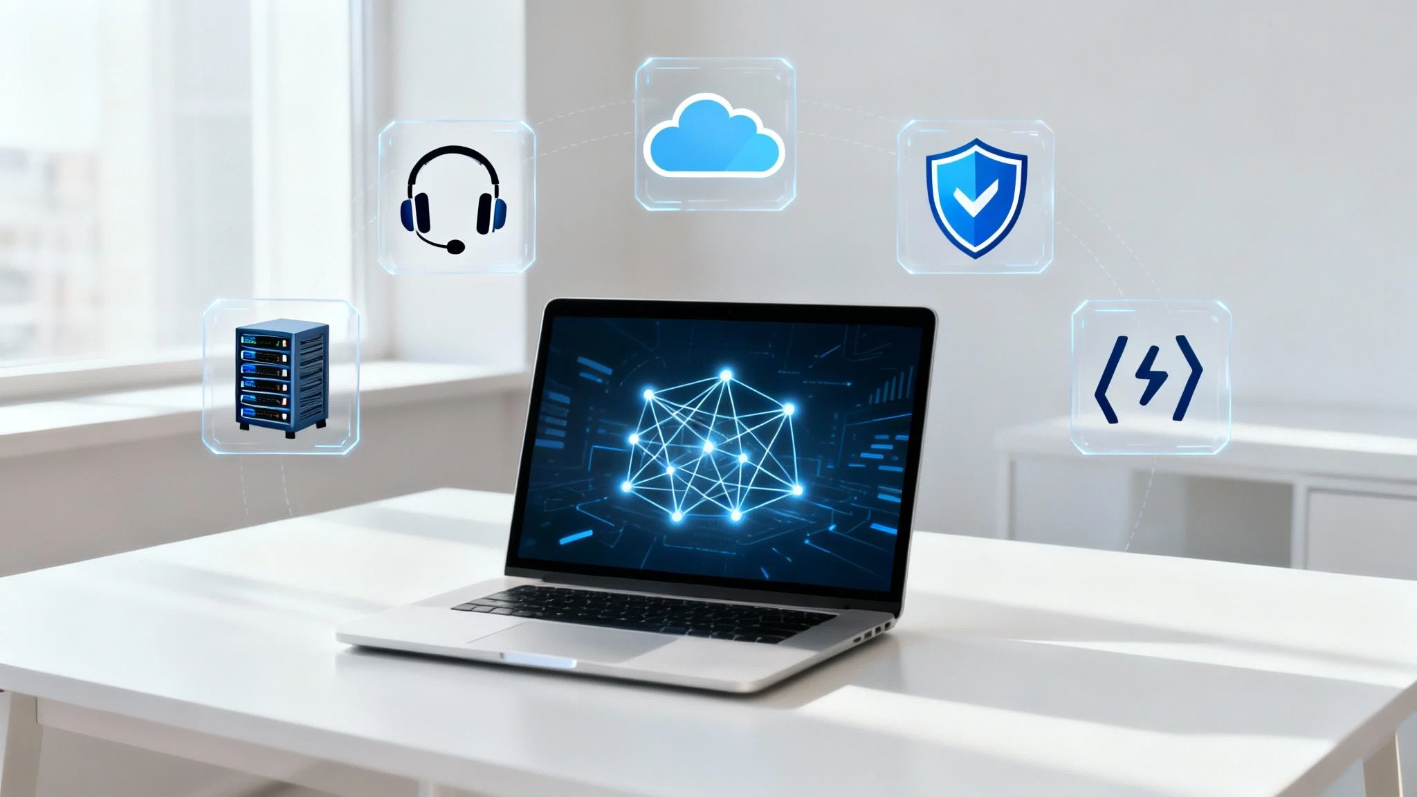 A laptop on a white desk displays a digital network graphic. Surrounding it are floating icons: headset, cloud, shield, code bracket, and server, representing tech and IT services.