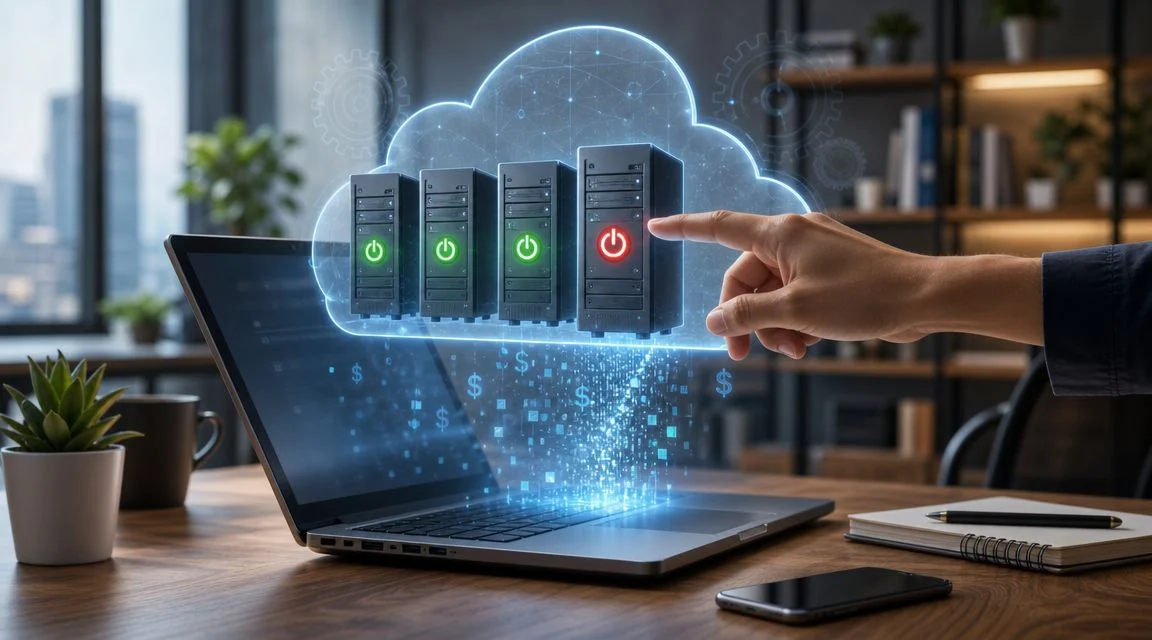 A hand points at a laptop displaying a cloud with virtual servers and power icons, symbolizing Azure VM management and cost