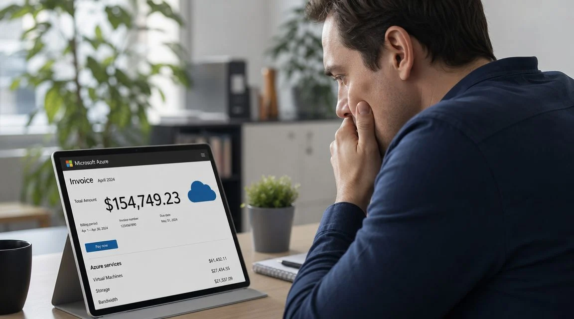 A concerned professional looking at an expensive Microsoft Azure cloud invoice displayed on a digital tablet.