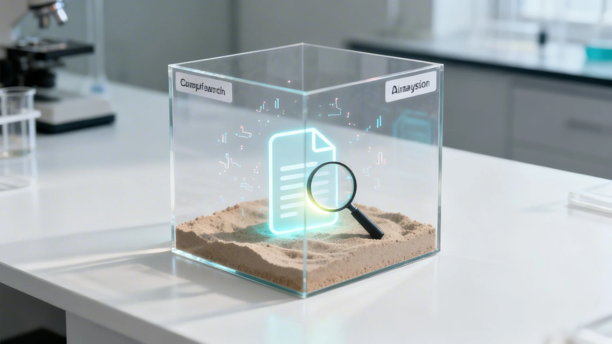 A glass box filled with sand contains a glowing digital document icon and a magnifying glass, symbolizing data search.