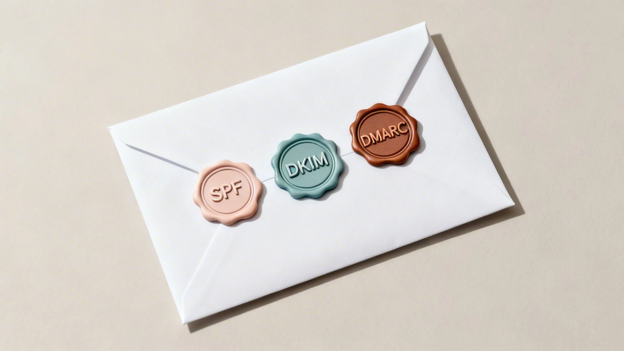 Three wax seals labeled SPF, DKIM, and DMARC on a white envelope, symbolizing email security.