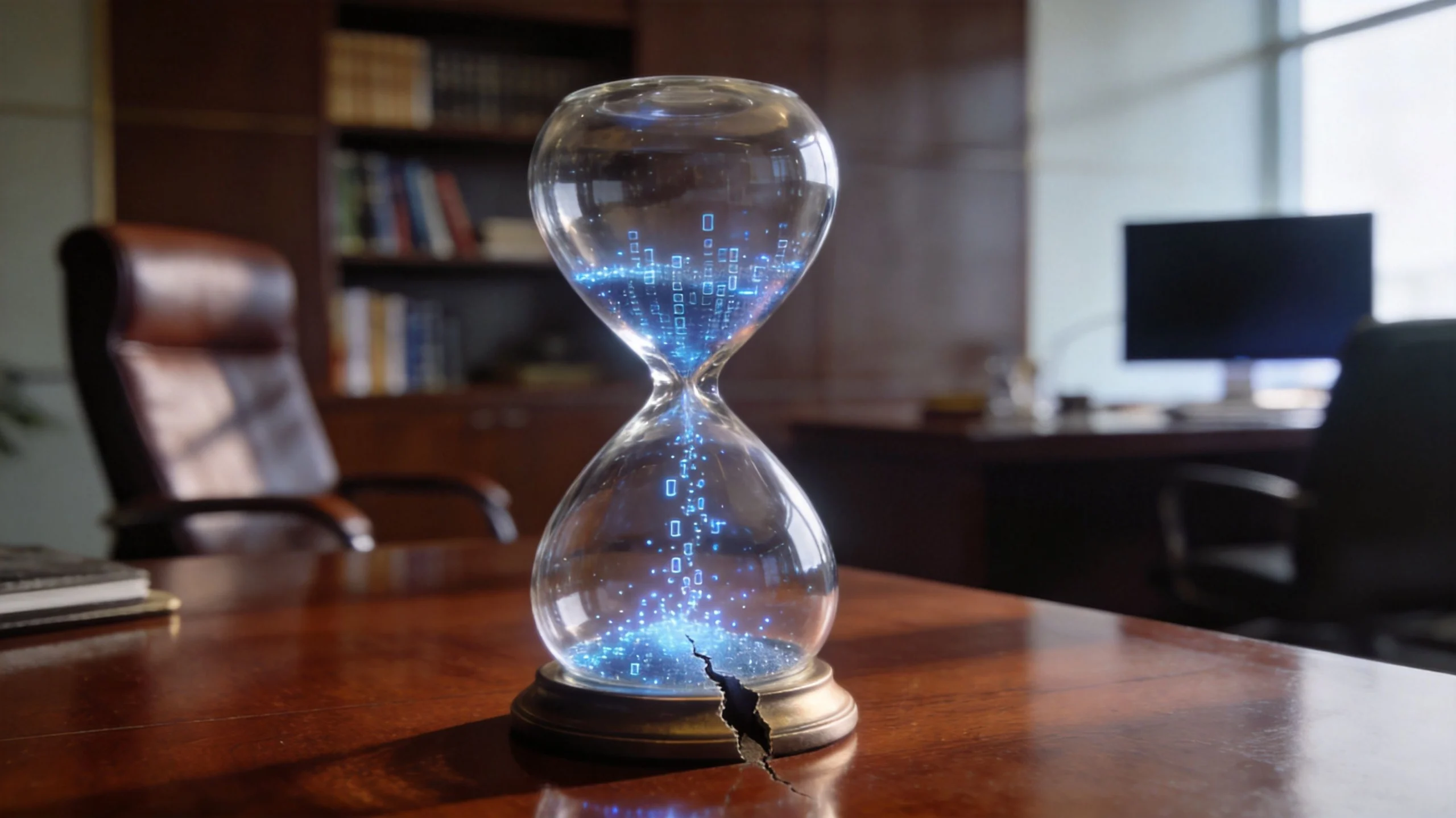 A glowing digital hourglass with data particles on a wooden desk inside a professional office setting.