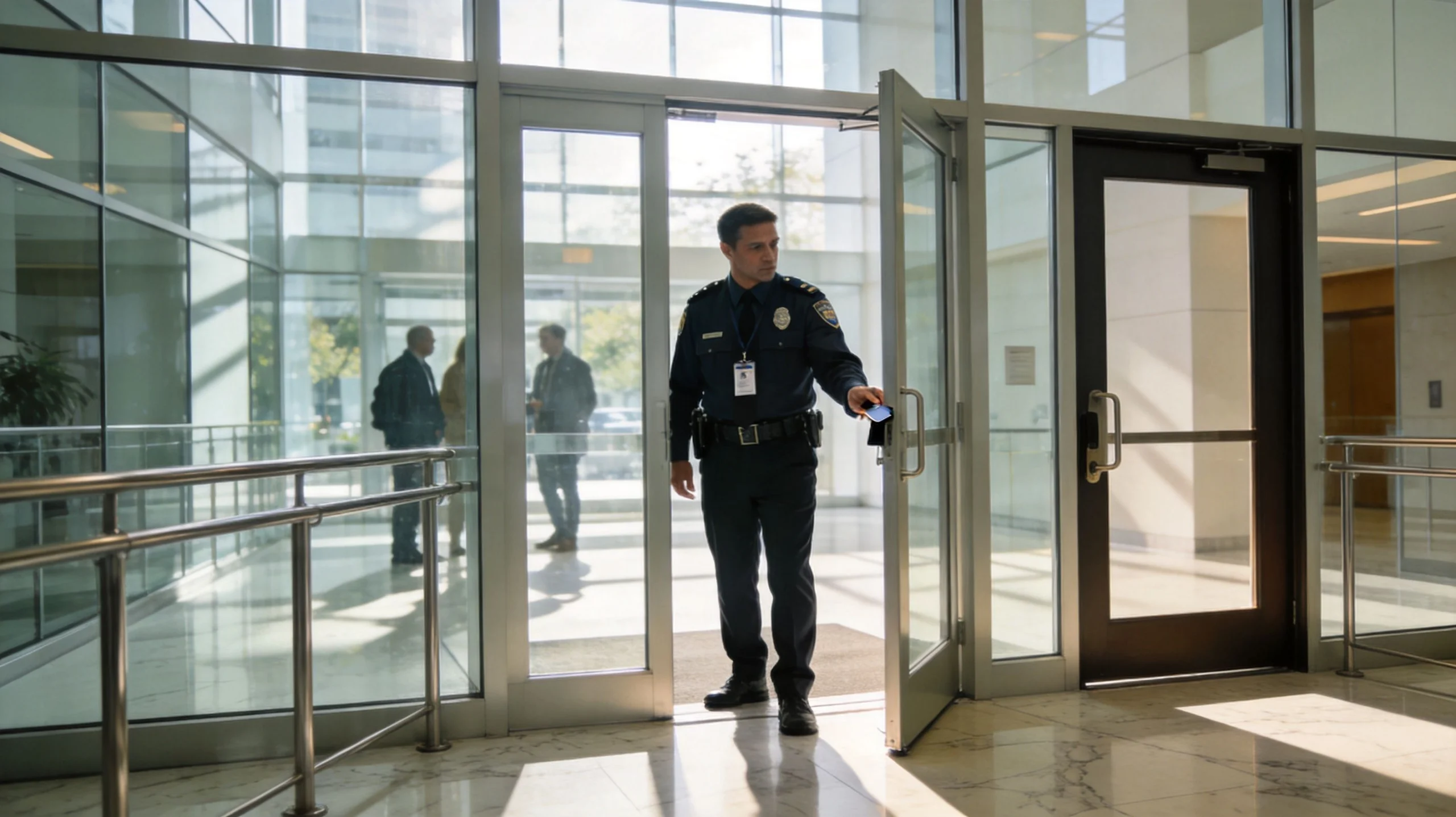 A security guard opening a glass office door while people walk in the background.