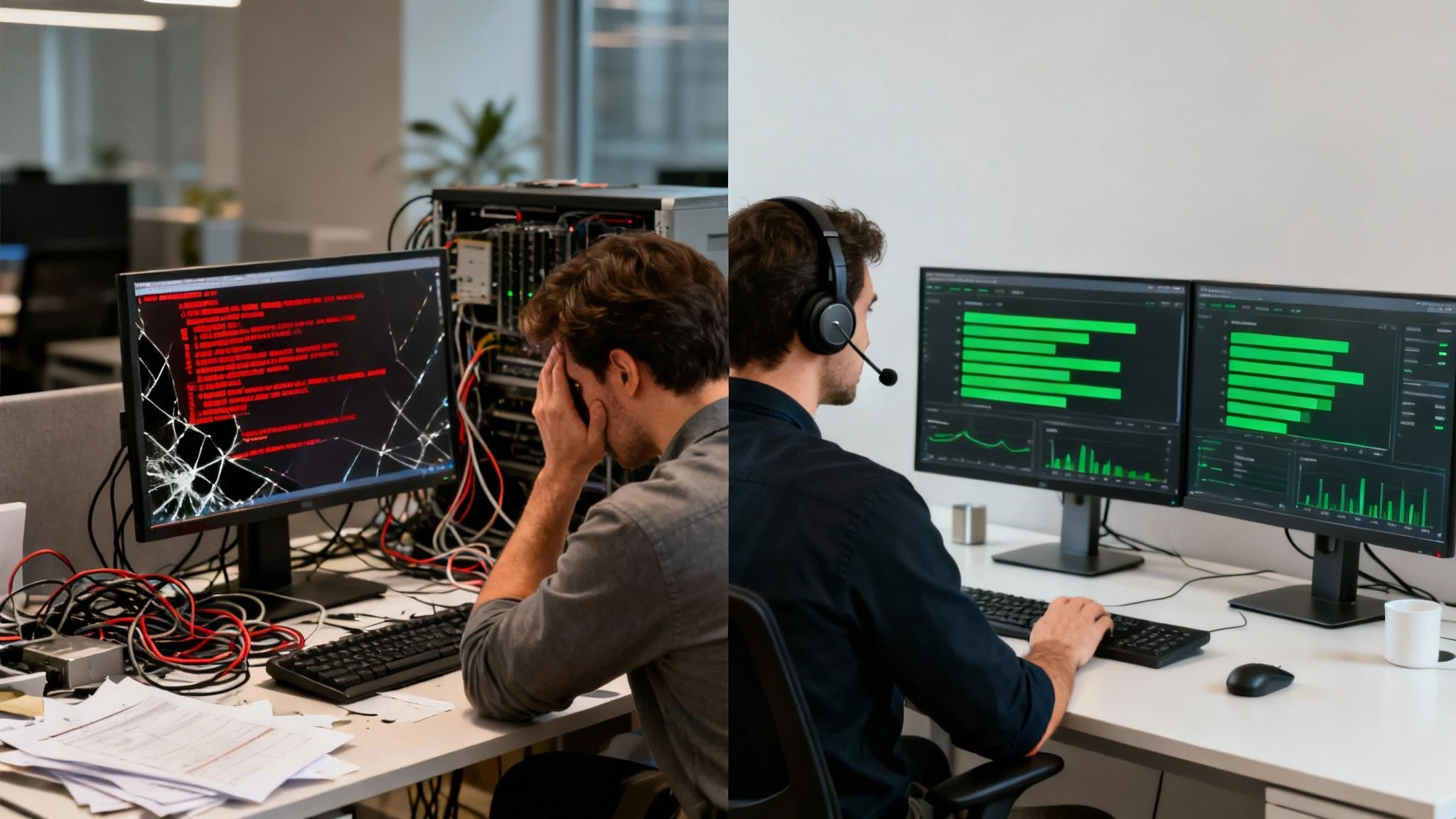 Split-image: On the left, a frustrated man sits by a malfunctioning computer with a cracked screen displaying red error code. On the right, he calmly works at a tidy desk with dual monitors showing green graphs.