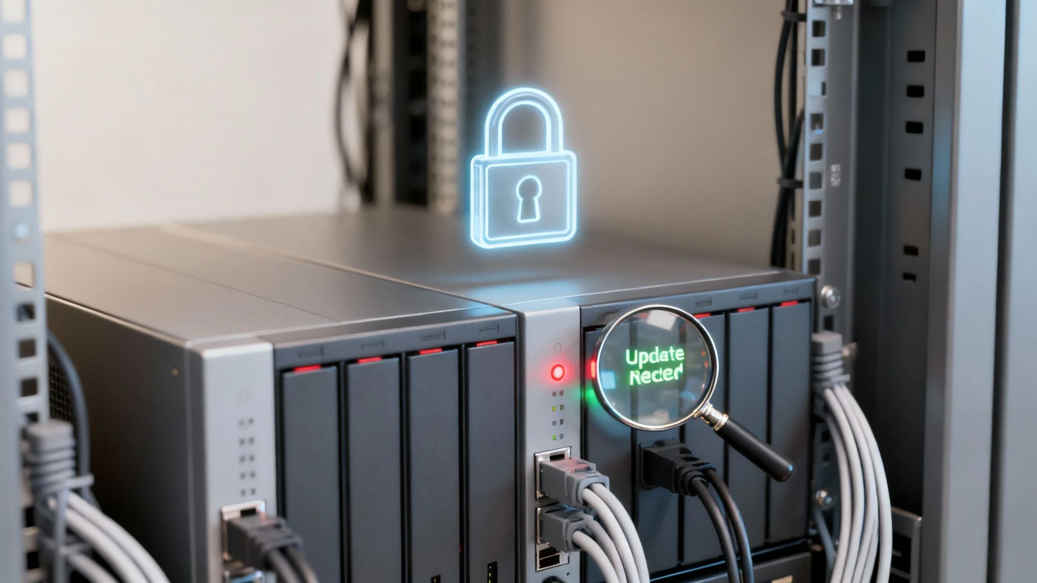 Close-up of server rack with a blue security padlock and a magnifying glass showing 'Update Needed'.