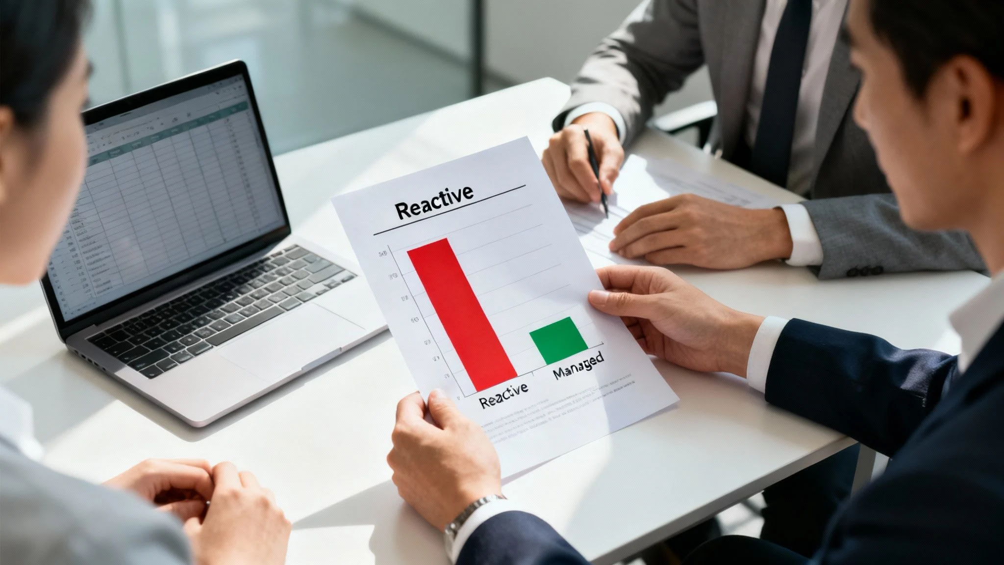Business professionals discuss a graph illustrating reactive versus managed approaches during a meeting.