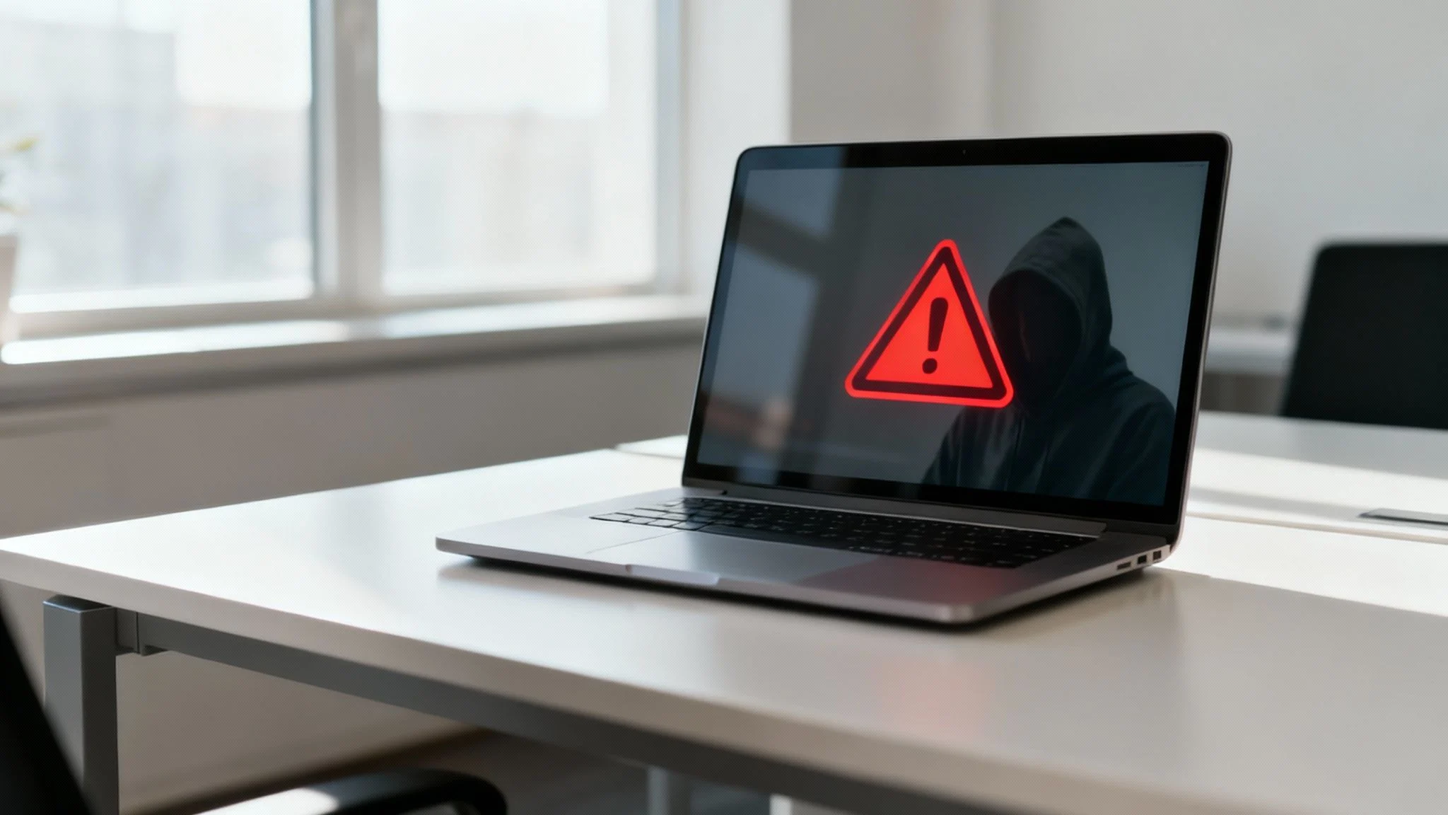 A laptop on a desk displays a large red warning symbol with an exclamation mark, and a shadowy hooded figure is faintly visible on the screen, suggesting a cyber-security threat or hacker.
