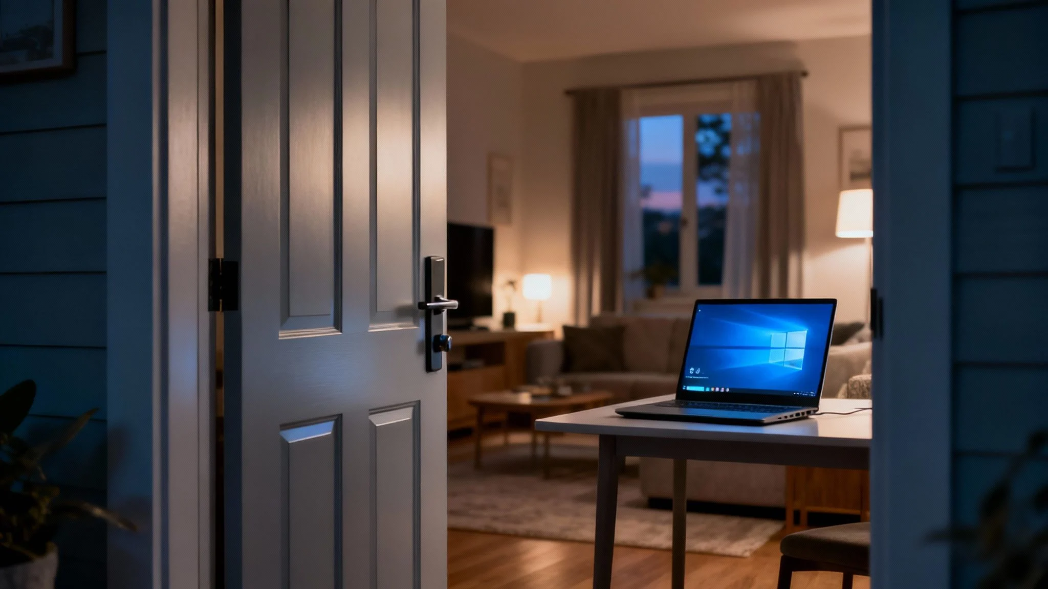 An open door reveals a cosy, softly lit living room at dusk. A laptop with a Windows login screen sits on a white table in the foreground, and the room has modern furniture and a large window showing the evening sky.