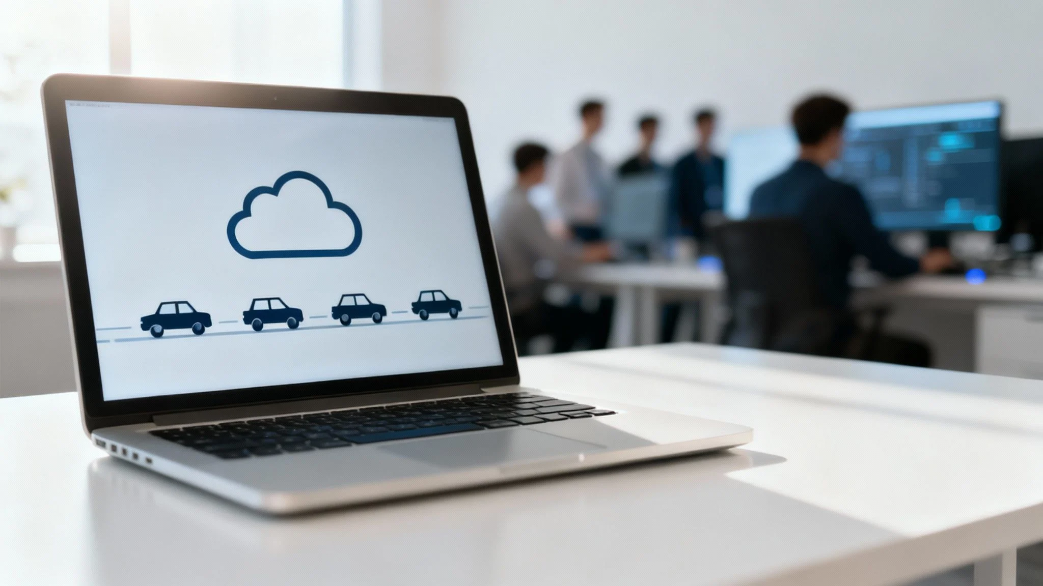 A laptop displaying a cloud icon above four car icons sits on a desk in a modern office, with several people collaborating and working on computers in the blurred background.