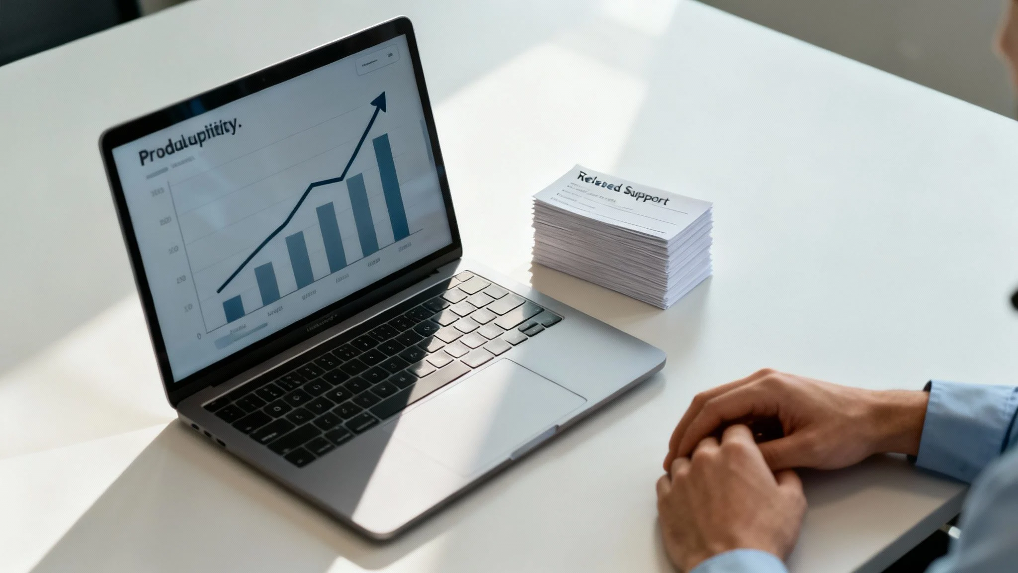 A person sits at a desk with a laptop displaying a rising productivity graph. Next to the laptop is a stack of cards labelled Reward Support. The scene suggests a focus on performance and workplace incentives.