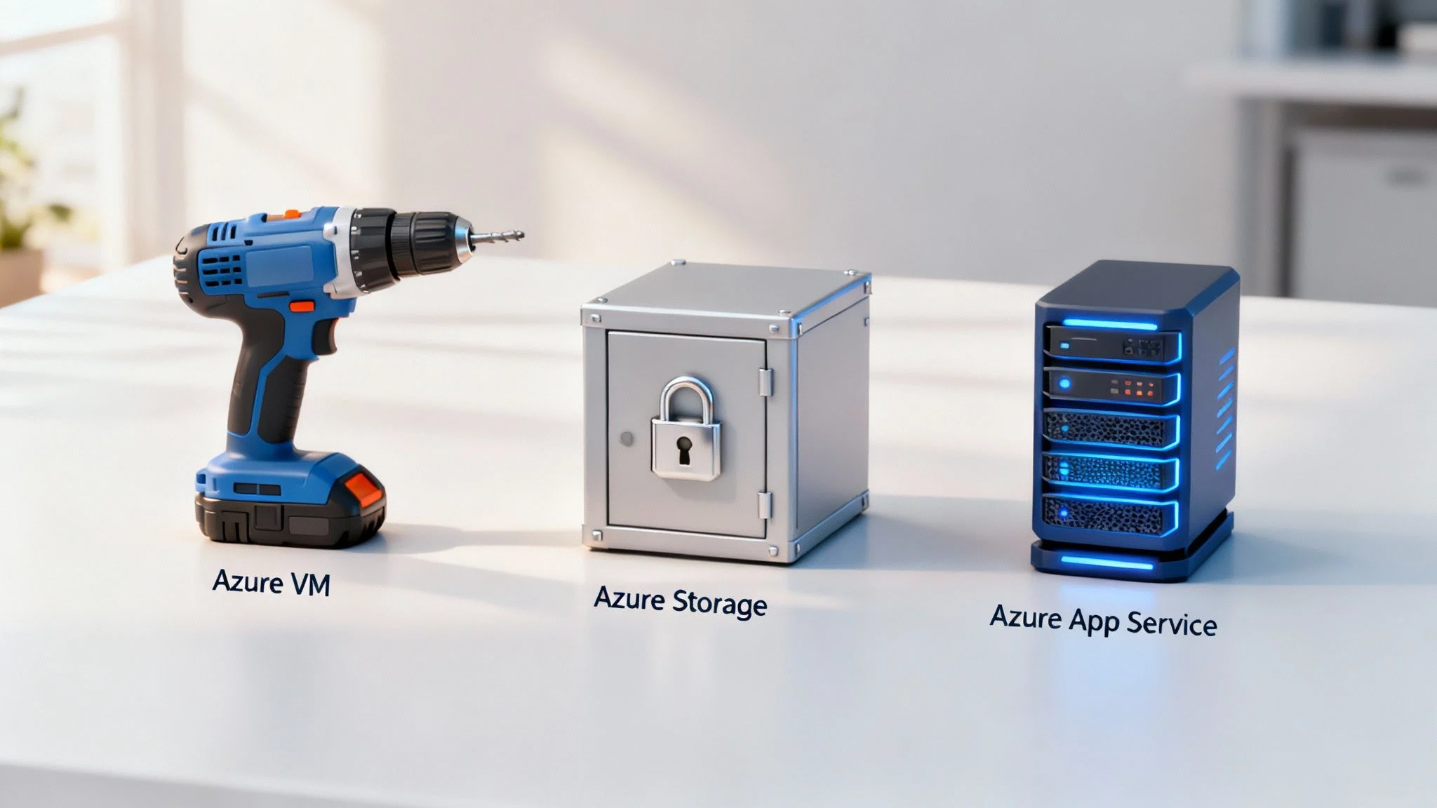 A blue cordless drill labelled Azure VM, a secure metal box labelled Azure Storage, and a glowing server tower labelled Azure App Service are displayed on a white table.