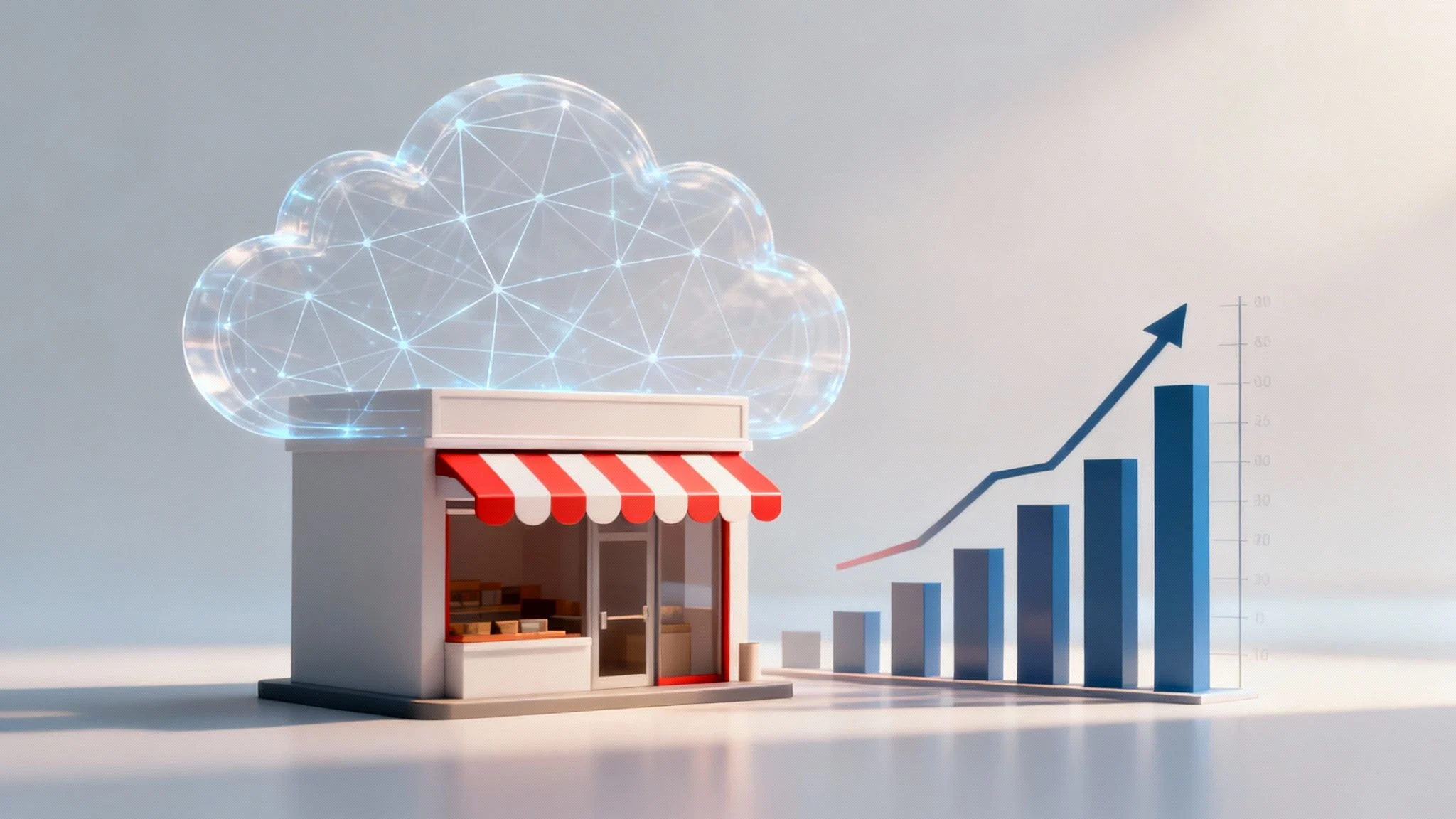 A small shop model with a red-and-white striped awning sits beside a digital cloud and a rising bar chart with an upward arrow, symbolising business growth and cloud technology integration.